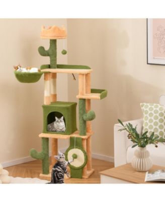 63 Inch Cactus Cat Tree with Sisal Posts, Board and Rotatable Basket