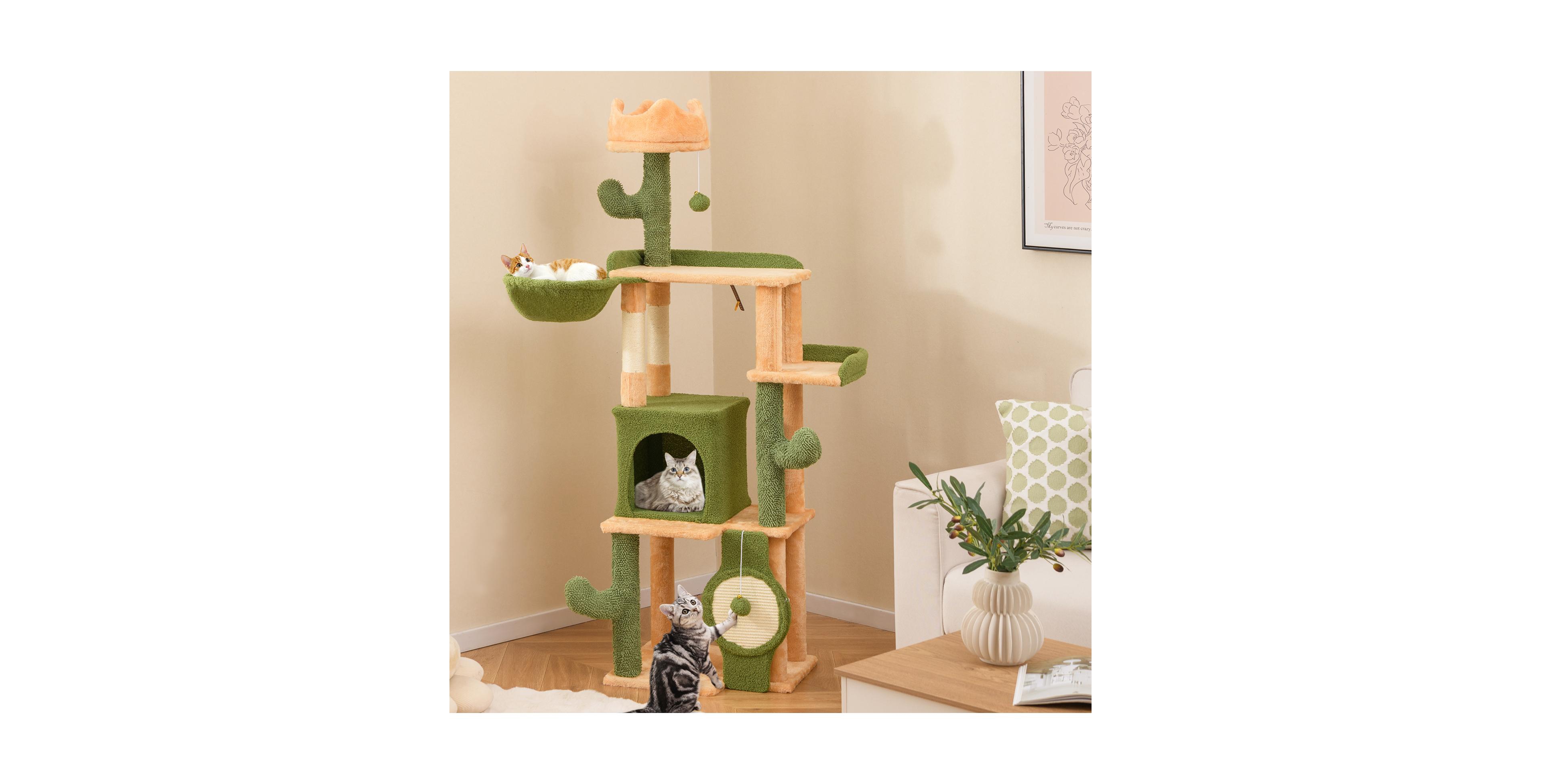 Zeny 63 Inch Cactus Cat Tree with Sisal Posts, Board and Rotatable Basket