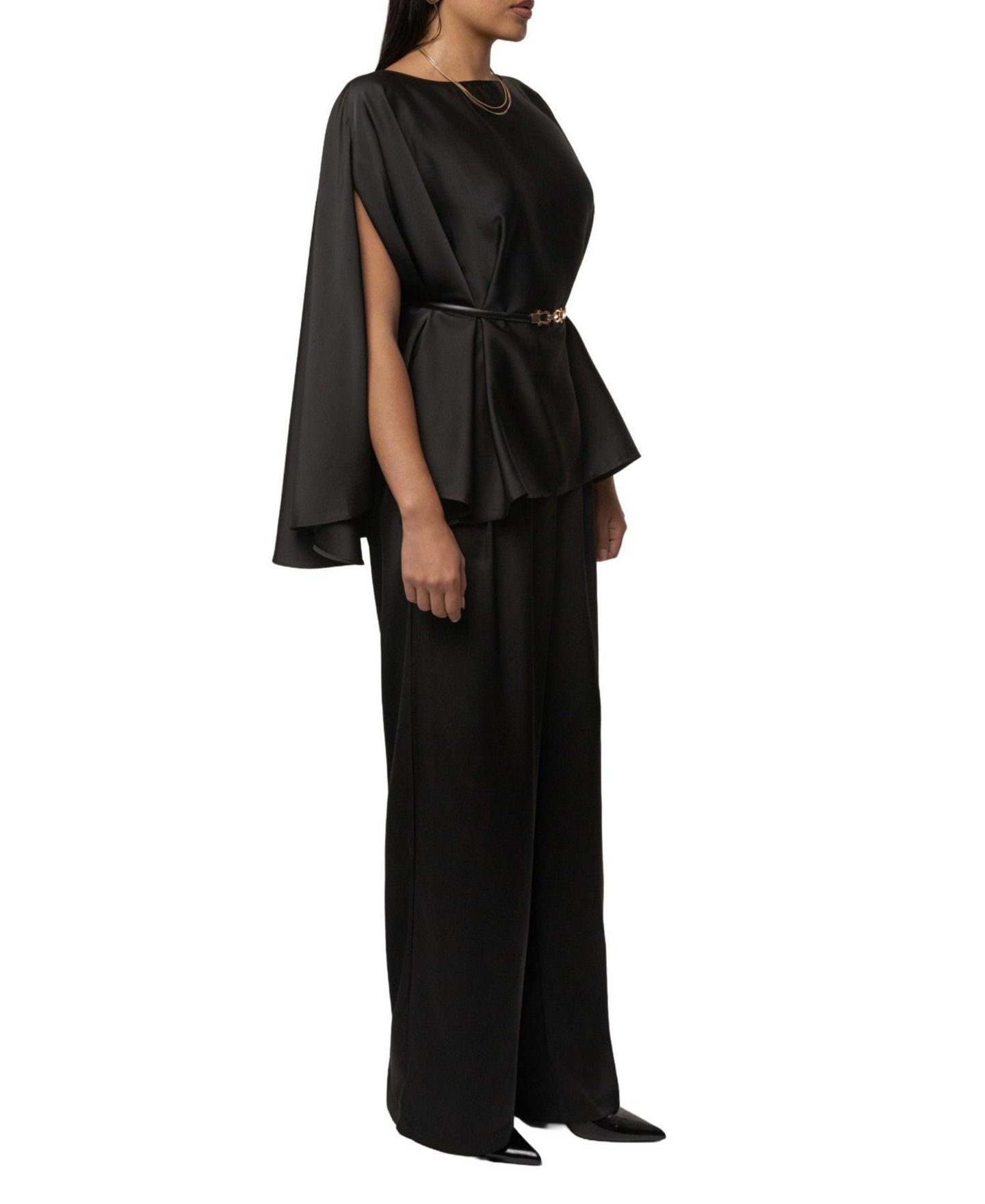 Женский комплект JLUXLABEL Power & Poise Satin Wide-Leg Detachable Belt Blouse and Pants, 2-Piece Set, цвет: Чёрный — фото 3