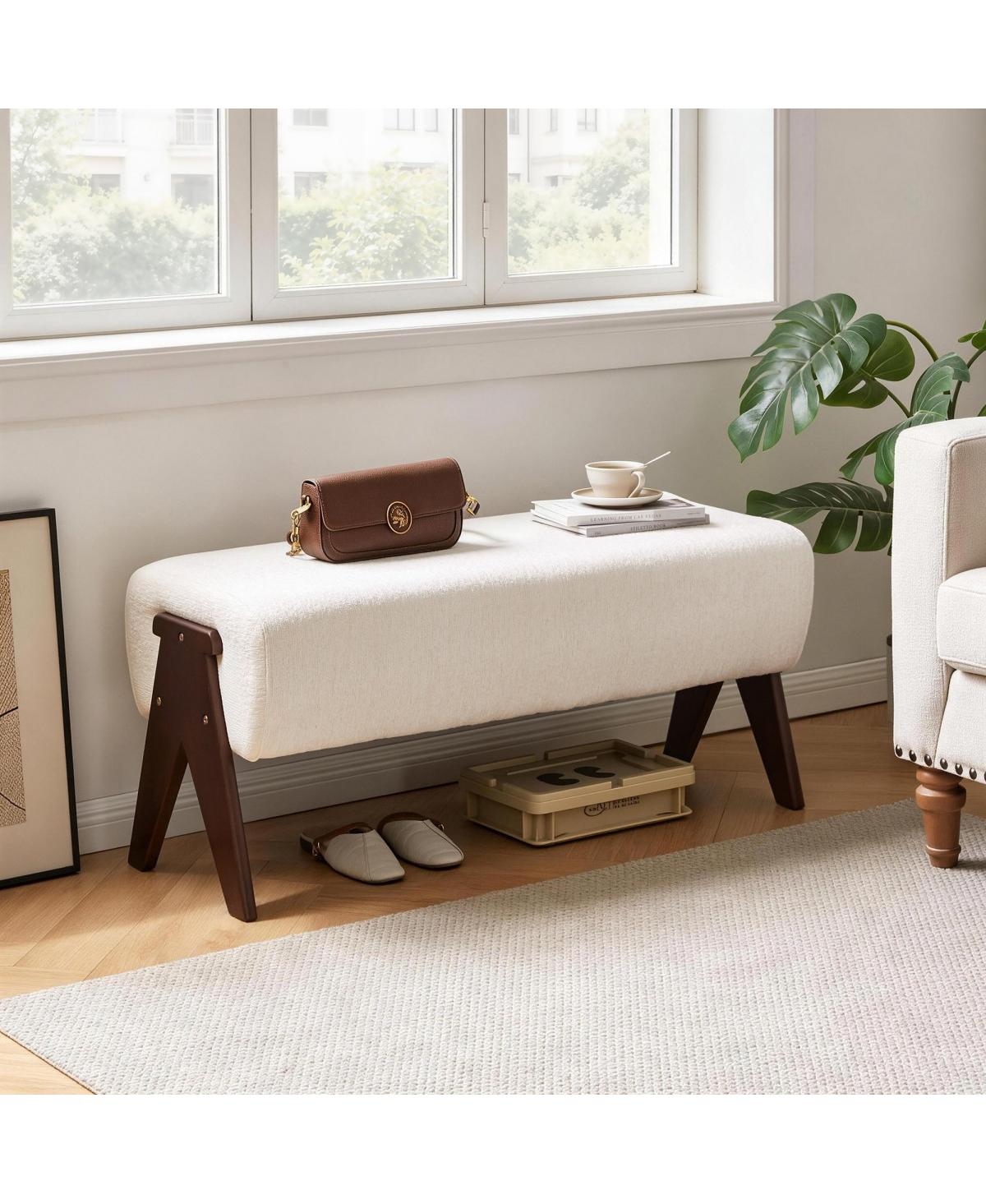 Maison Boucle Mid-Century Entryway Upholstered Bench, Solid Wood Legs, End of Bed Bench for Bedroom