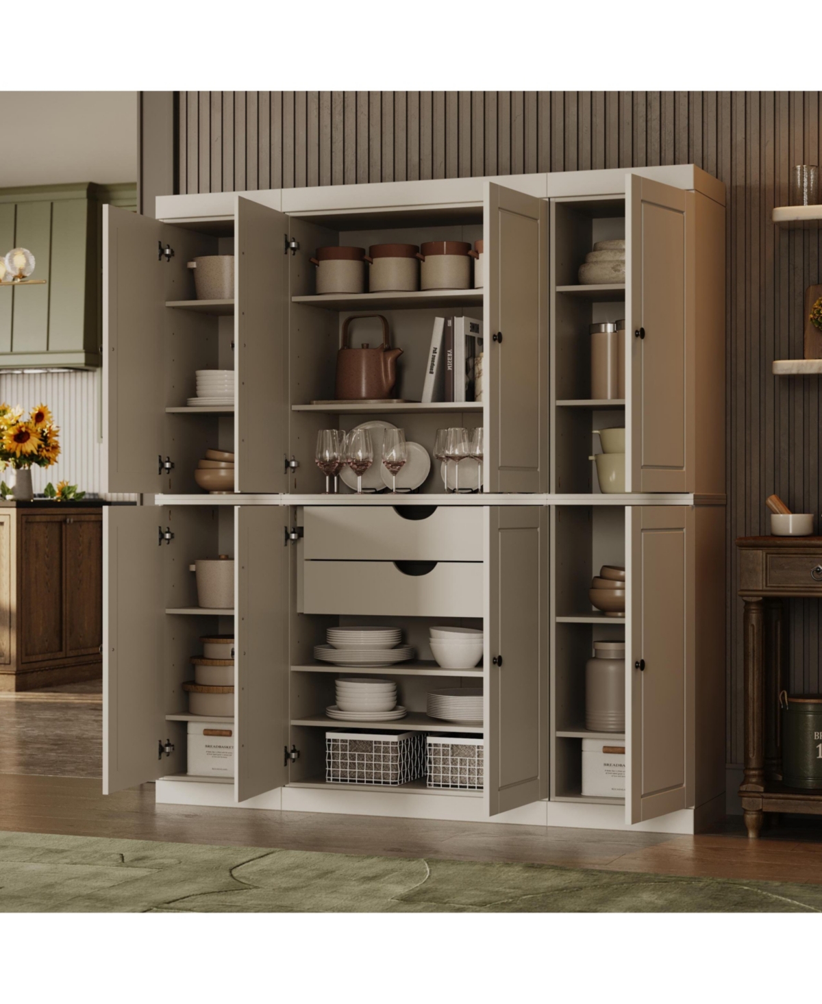 Palace Imports 100% Solid Wood 65" Pantry Cabinet with Raised Panel Doors, 2-Drawers & Adjustable Shelves - Off white
