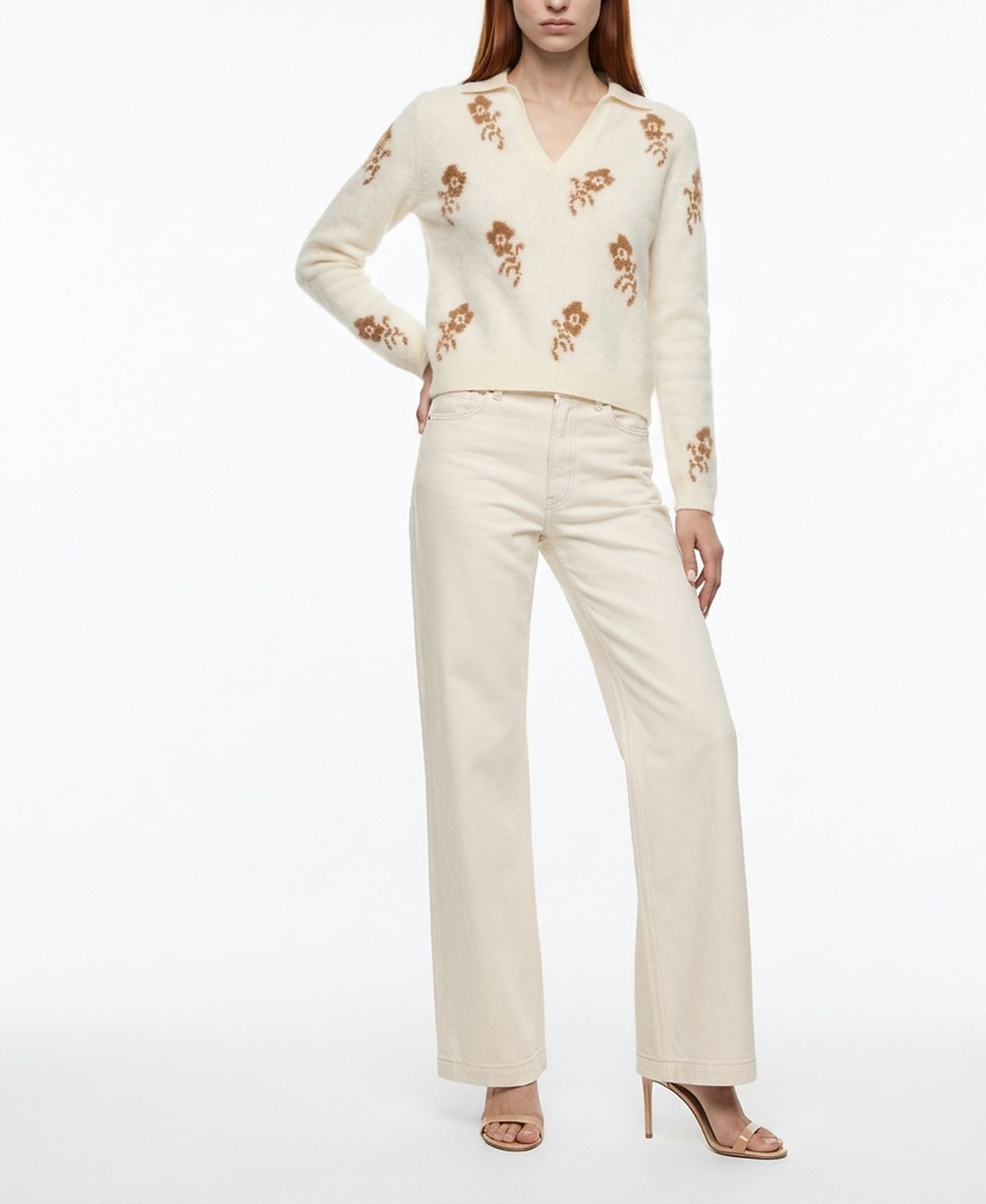 Женский свитер Elie Tahari The Raelynn Cashmere Floral Collared Split-Neck, цвет: Белый / Коричневый — фото 4