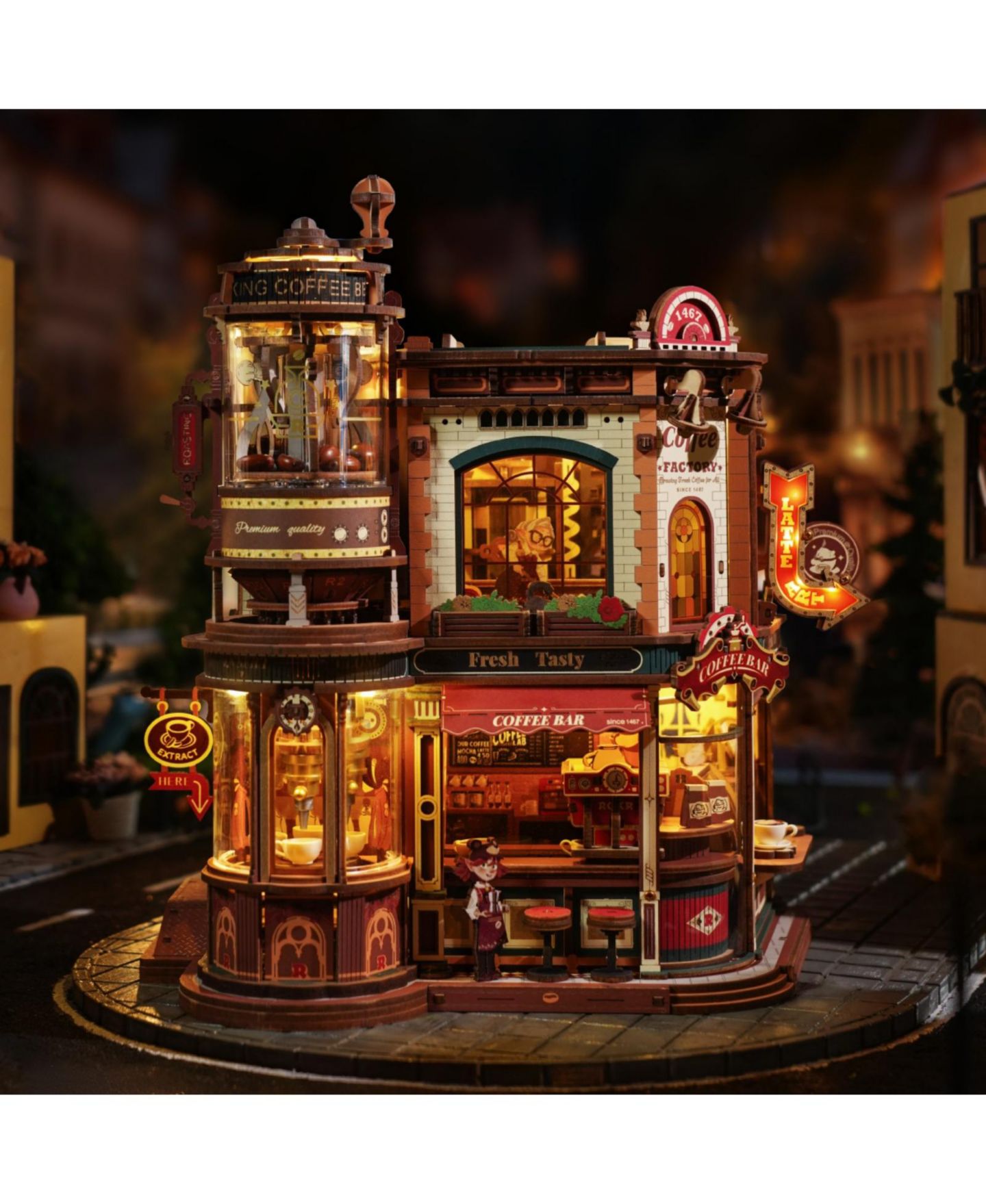 Детский конструктор Robotime Dream Coffee Factory 593-Piece Mechanical Building Set with Music Box and LED Lights, Ages 14+ — фото 6