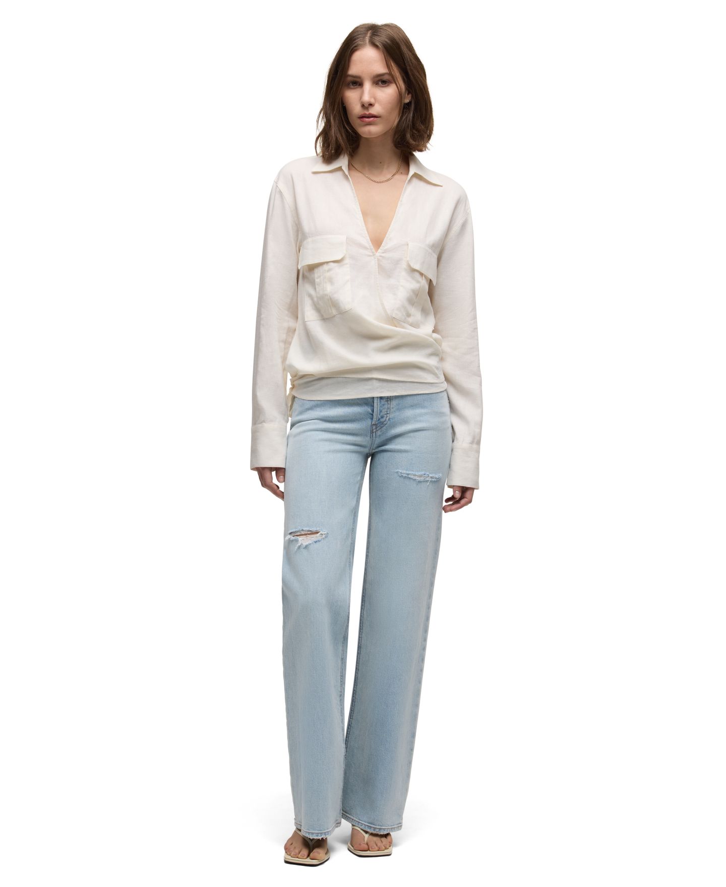 Женский топ Hudson Jeans Long-Sleeve Collared V-Neck Wrap, цвет: Экрю — фото 2