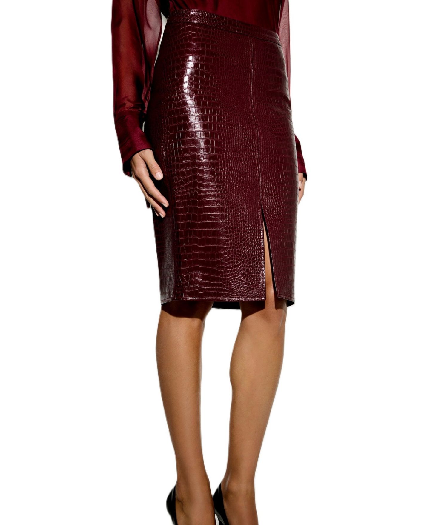 Женская юбка GUESS Faux Leather Pencil Midi Skirt with Front Slit, цвет: Красный — фото 8