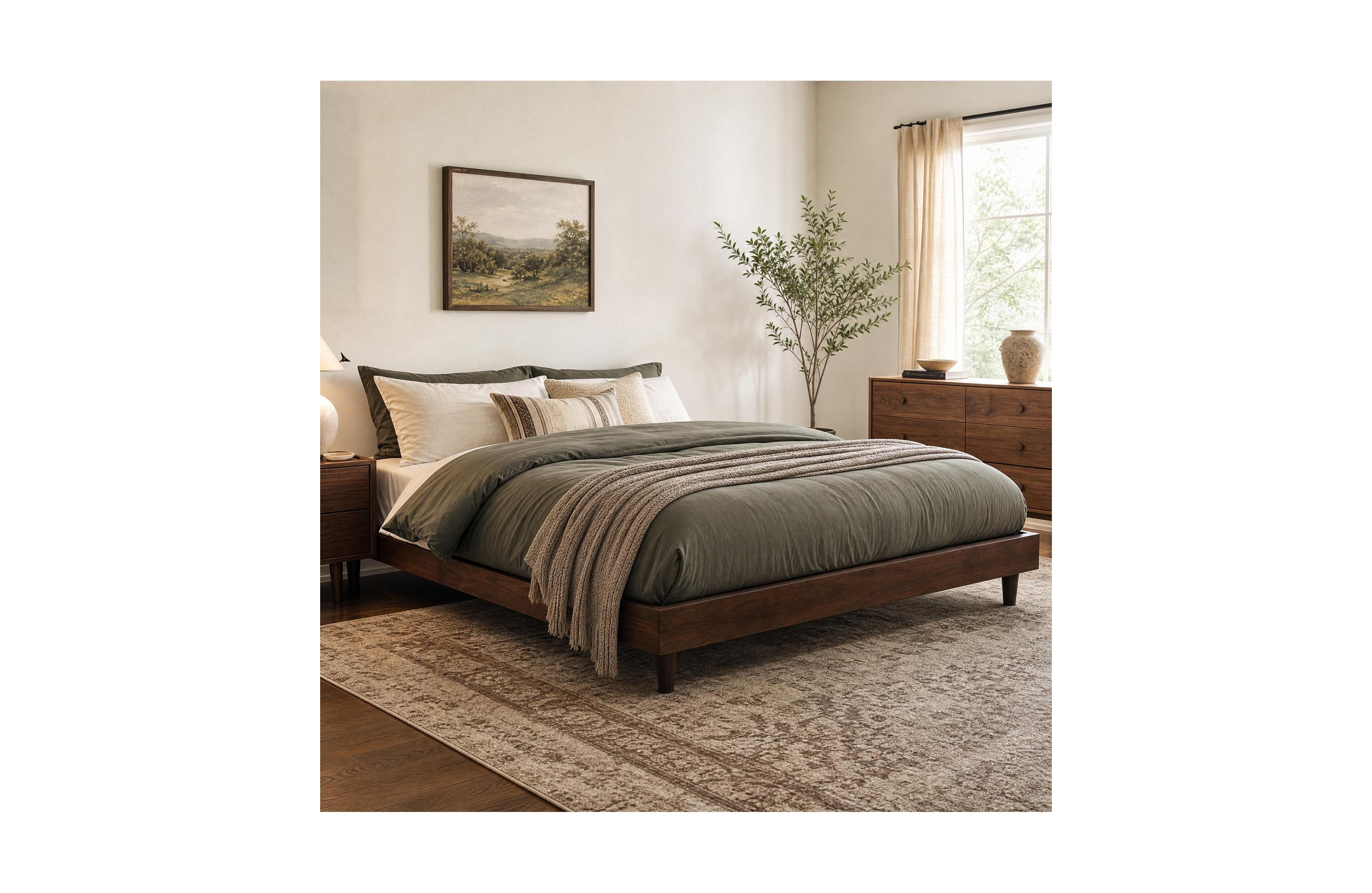Wood Platform Bed Frame, Mdf & Metal Finish, 7.3" Under-Bed Storage Wooden Slat Support