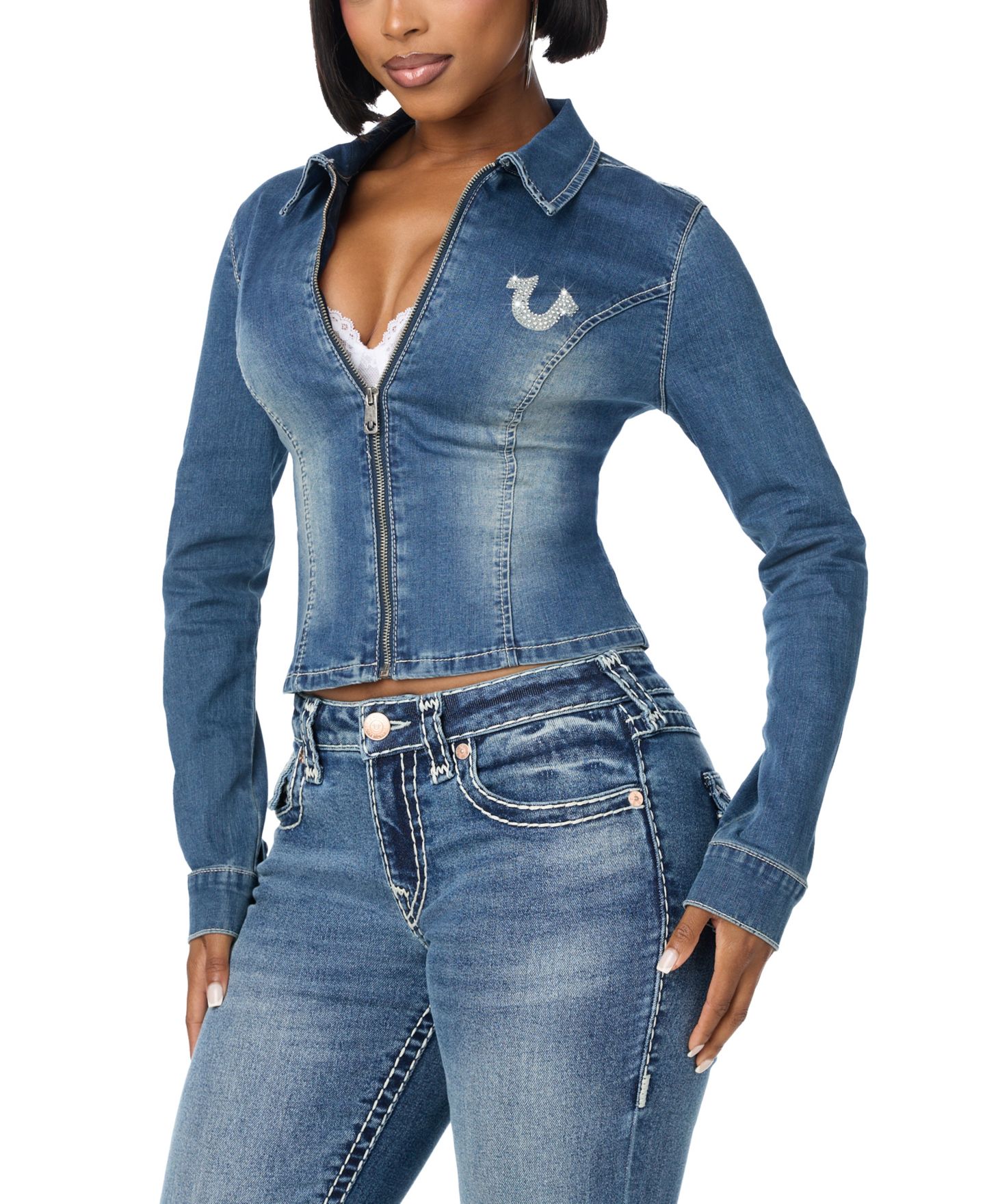 Женский топ True Religion Collared Cropped Long-Sleeve Denim, цвет: Sugar Lace — фото 2