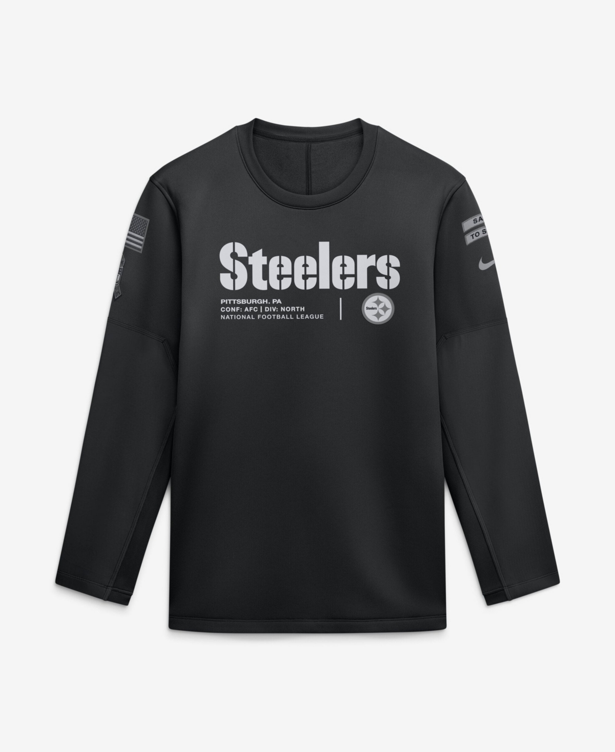 Nike Men's Black Pittsburgh Steelers 2026 Salute to Service Sideline Coaches Crewneck Therma-fit Sweatshirt
