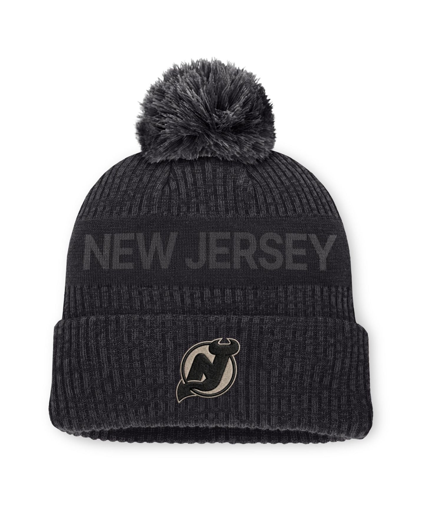 Мужские головные уборы Fanatics Charcoal New Jersey Devils Road Phantom Cuffed Knit with Pom Hat — фото 1
