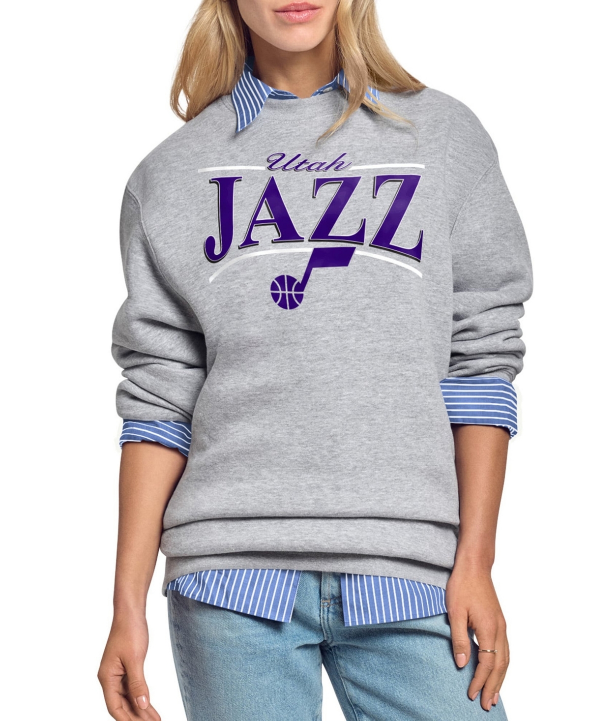 Starter Women's Gray Utah Jazz Arch Stripe Fleece Crewneck Sweatshirt - Gray