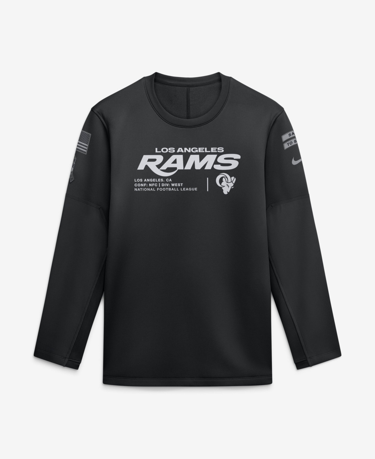 Nike Men's Black Los Angeles Rams 2026 Salute to Service Sideline Coaches Crewneck Therma-fit Sweatshirt