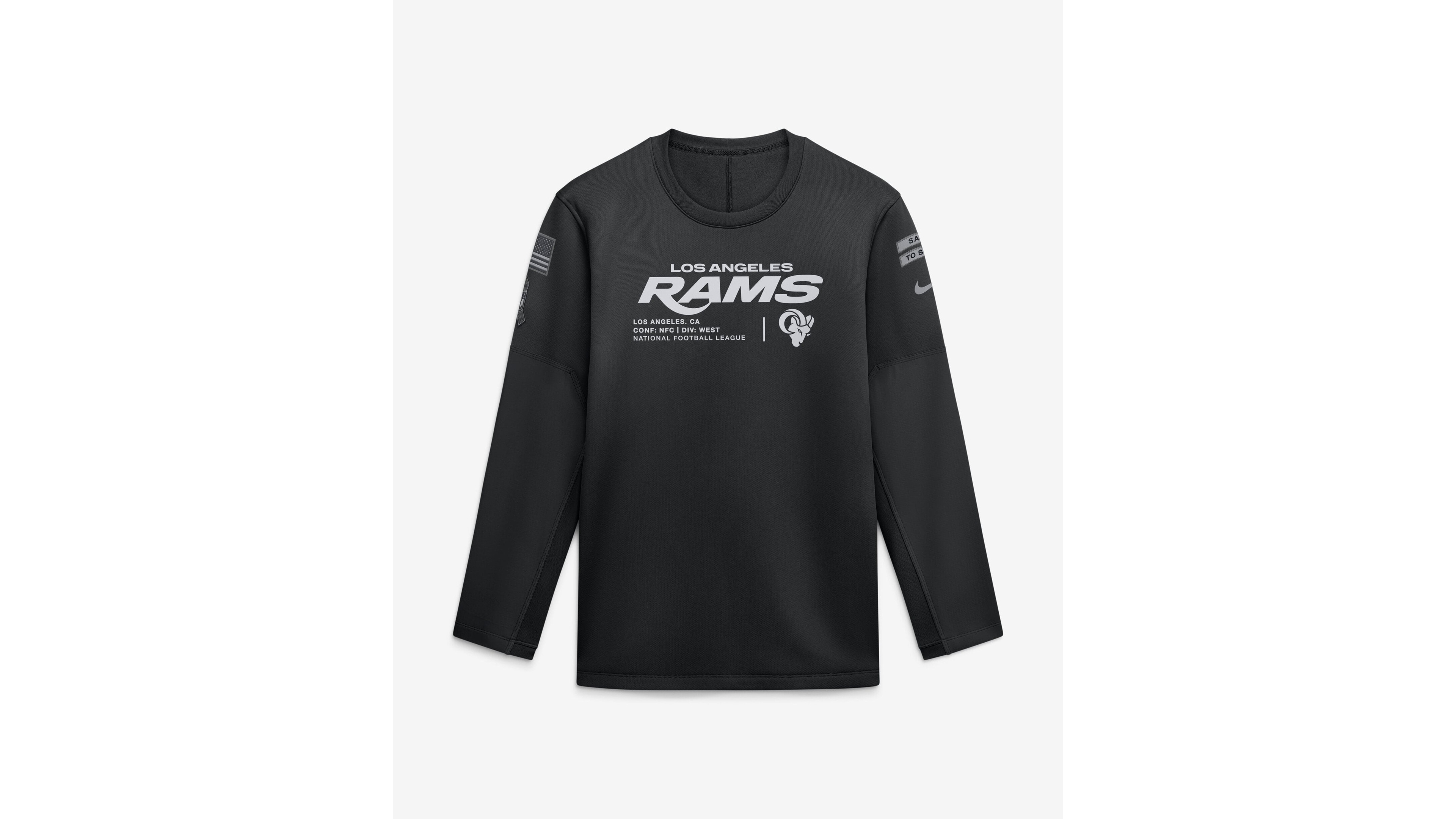 Nike Men's Black Los Angeles Rams 2026 Salute to Service Sideline Coaches Crewneck Therma-fit Sweatshirt