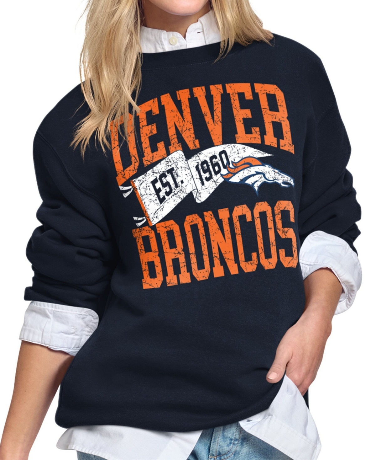 Starter Women's Navy Denver Broncos Pennant Fleece Sweatshirt