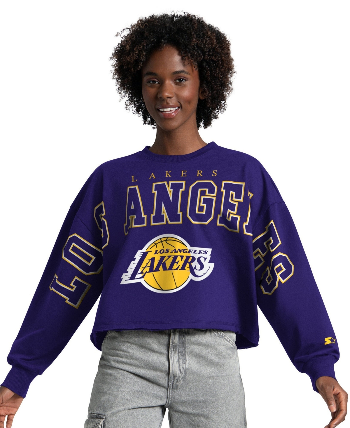 Starter Women's Purple Los Angeles Lakers Bleachers Cropped Sweatshirt