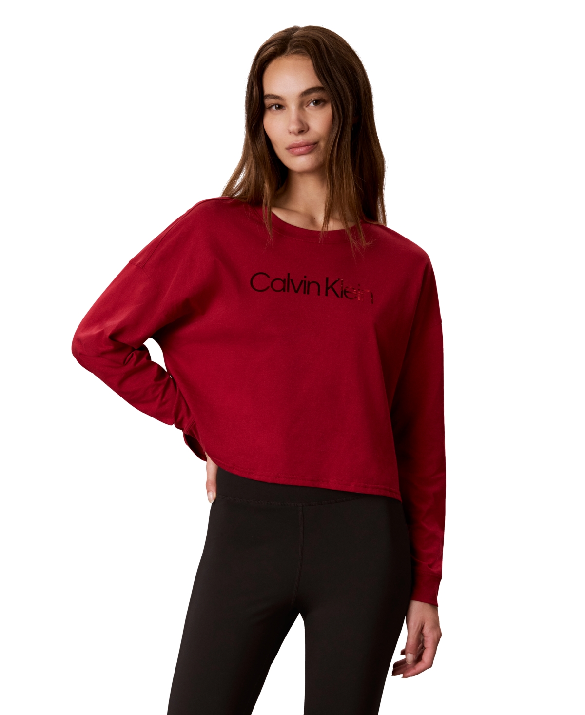Calvin Klein Performance Women's Icon Sport Shine Graphic Logo Long-Sleeve Crewneck Crop T-Shirt - Speakeasy