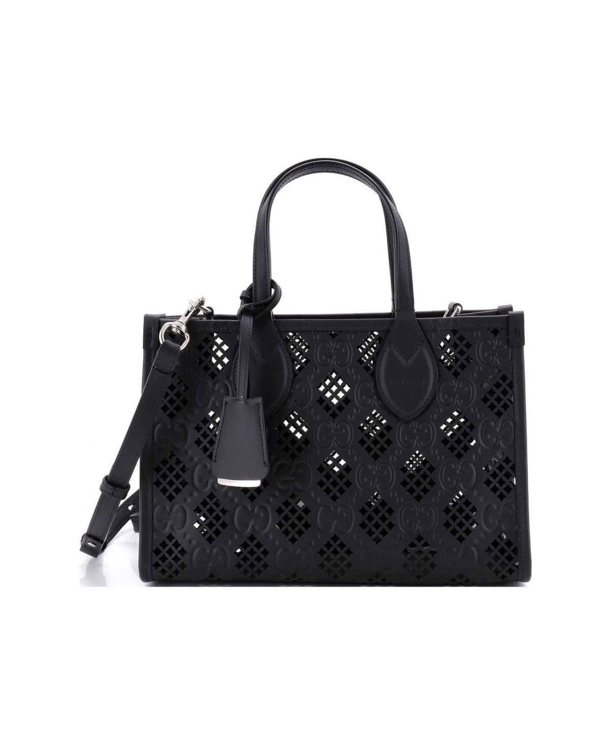 Pre-Owned Gucci Small Convertible Tote Gg Debossed Laser Cut Leather - Black