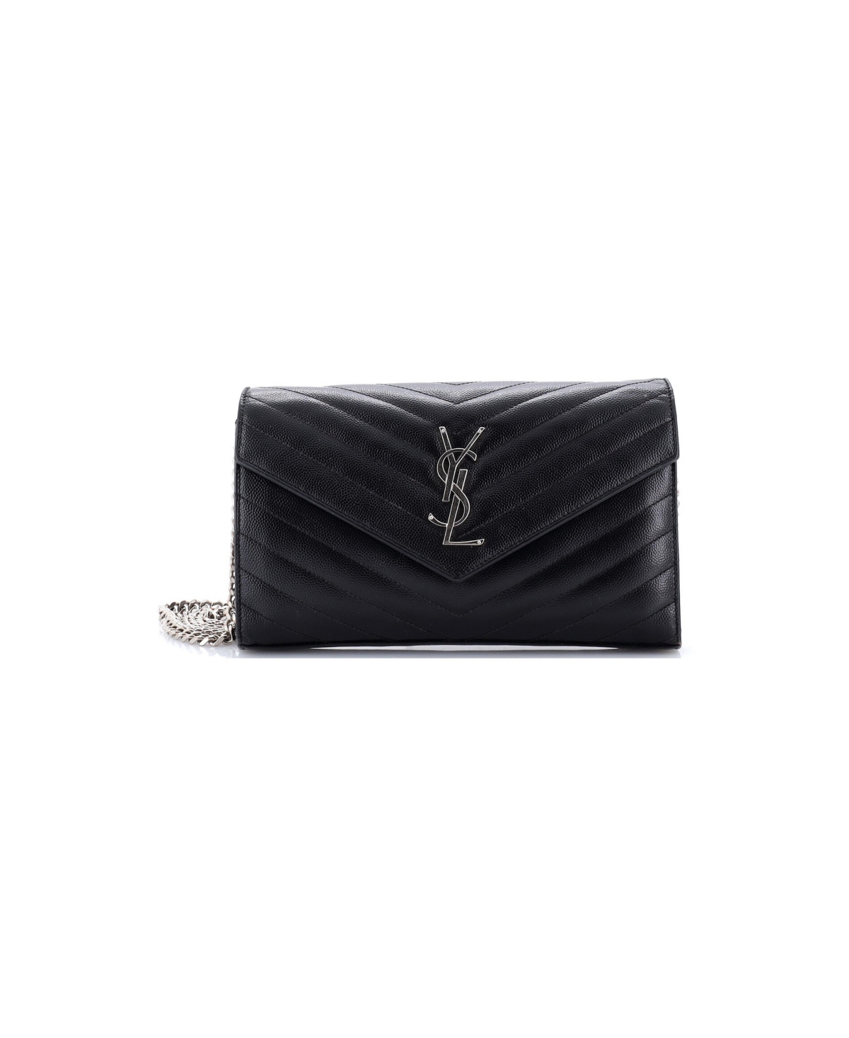 Pre-Owned Saint Laurent Medium Classic Monogram Wallet on Chain Matelasse Chevron Leather - Black
