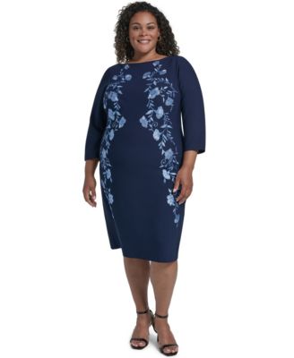 Plus Size Floral Boat Neck 3/4-Sleeve Dress