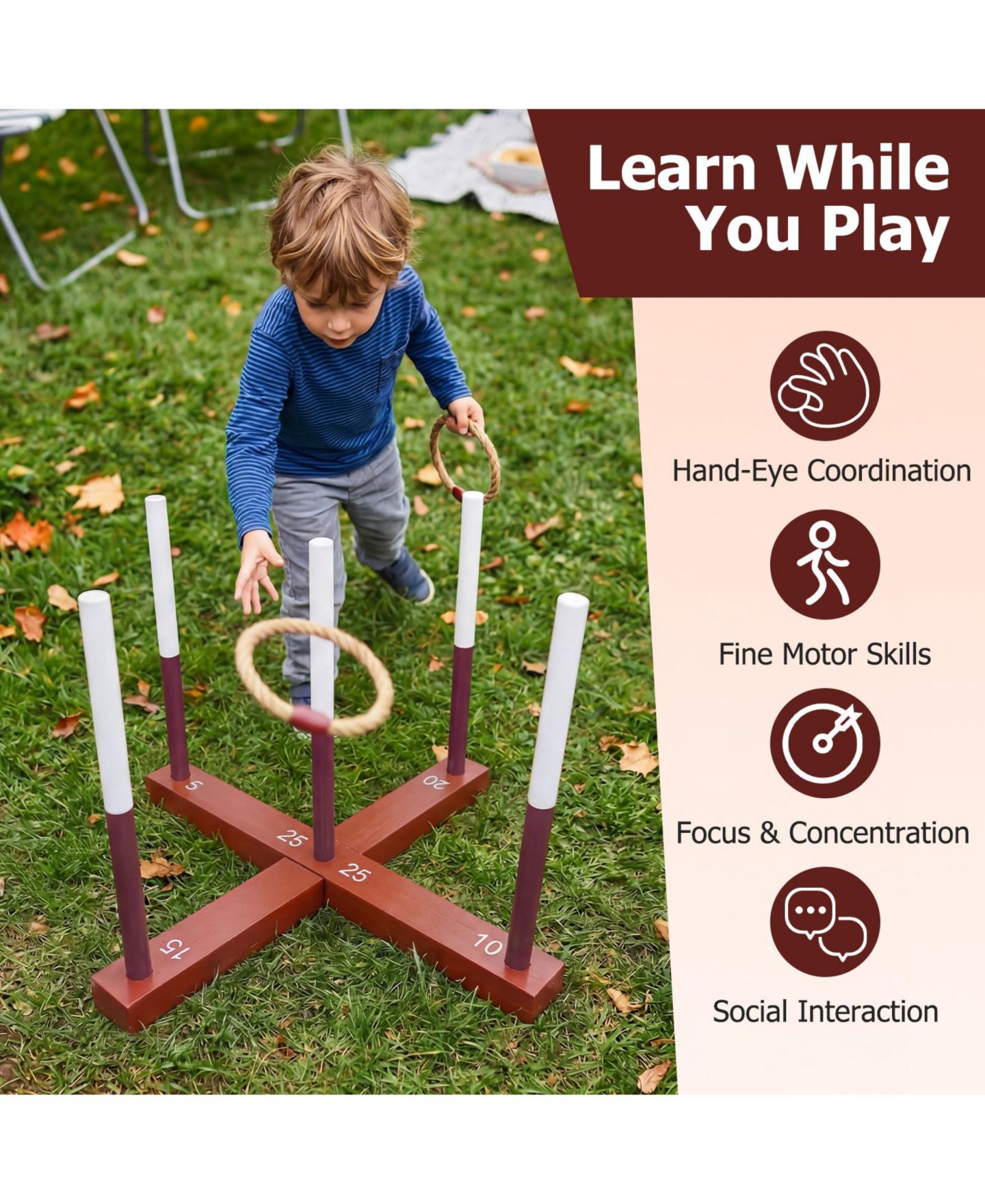 Детские игрушки Costway Ring Toss Game, Wood Lawn Game with 6 Rings, от 3 лет, цвет: Коричневый — фото 6