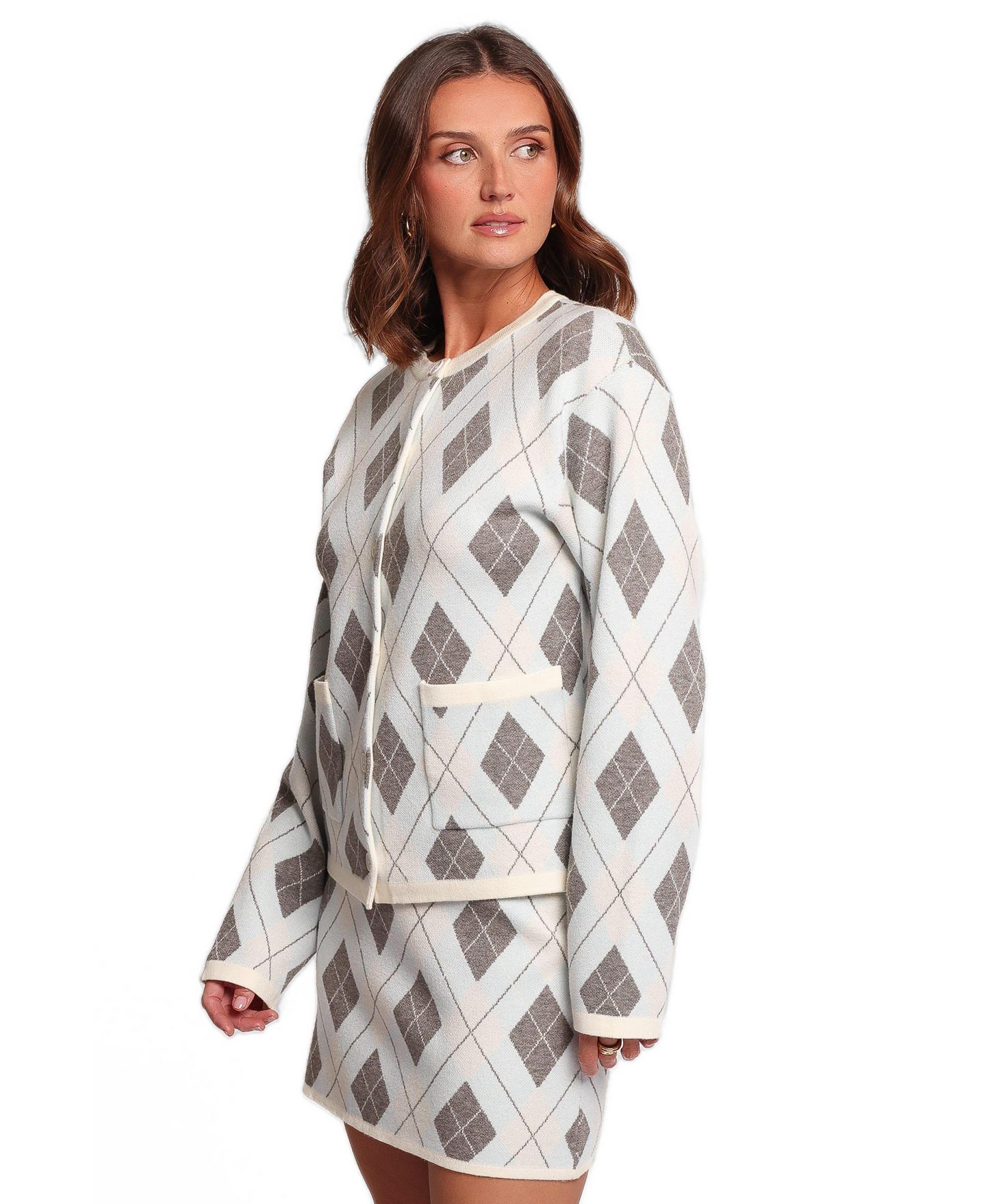 Женский комплект Petal and Pup Melissa Argyle Knit Long-Sleeve Top and Skirt, 2-Piece Set, цвет: Синий с ромбами — фото 2