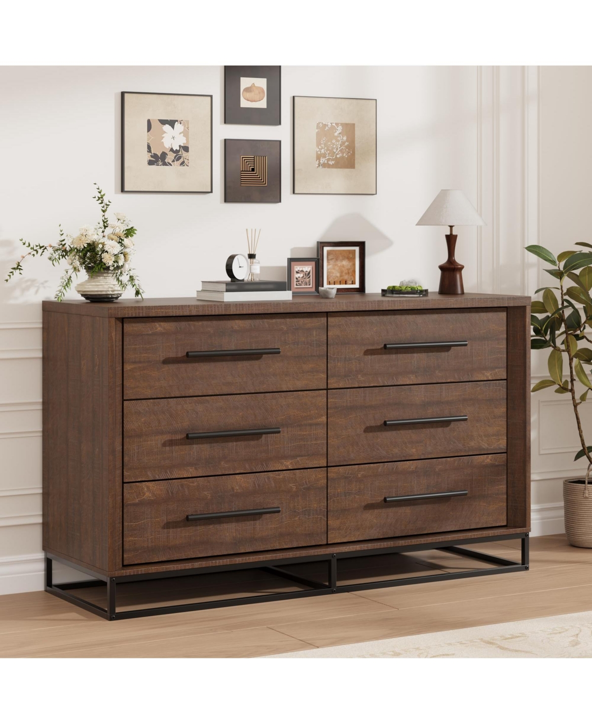 gaomon 6-Drawer Rustic Wood Dresser for Bedroom, Heavy-Duty Storage Chest with Metal Handles - Brown red