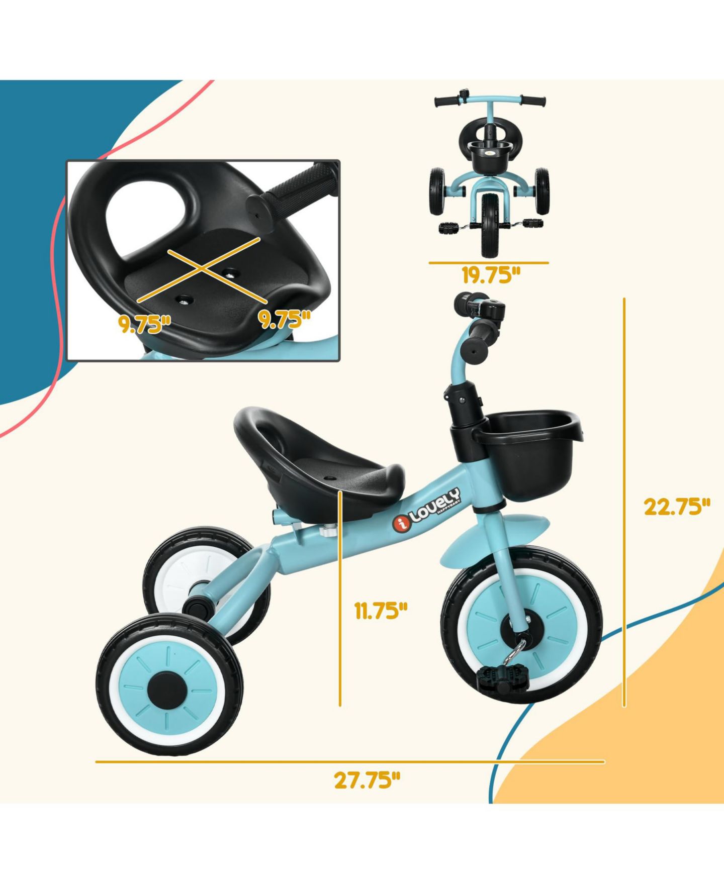 Детская игрушка Glintex Toddler Tricycle with Adjustable Seat, Bell and Storage Basket, 55-lb Capacity, 2–5 лет, цвет: Синий — фото 3