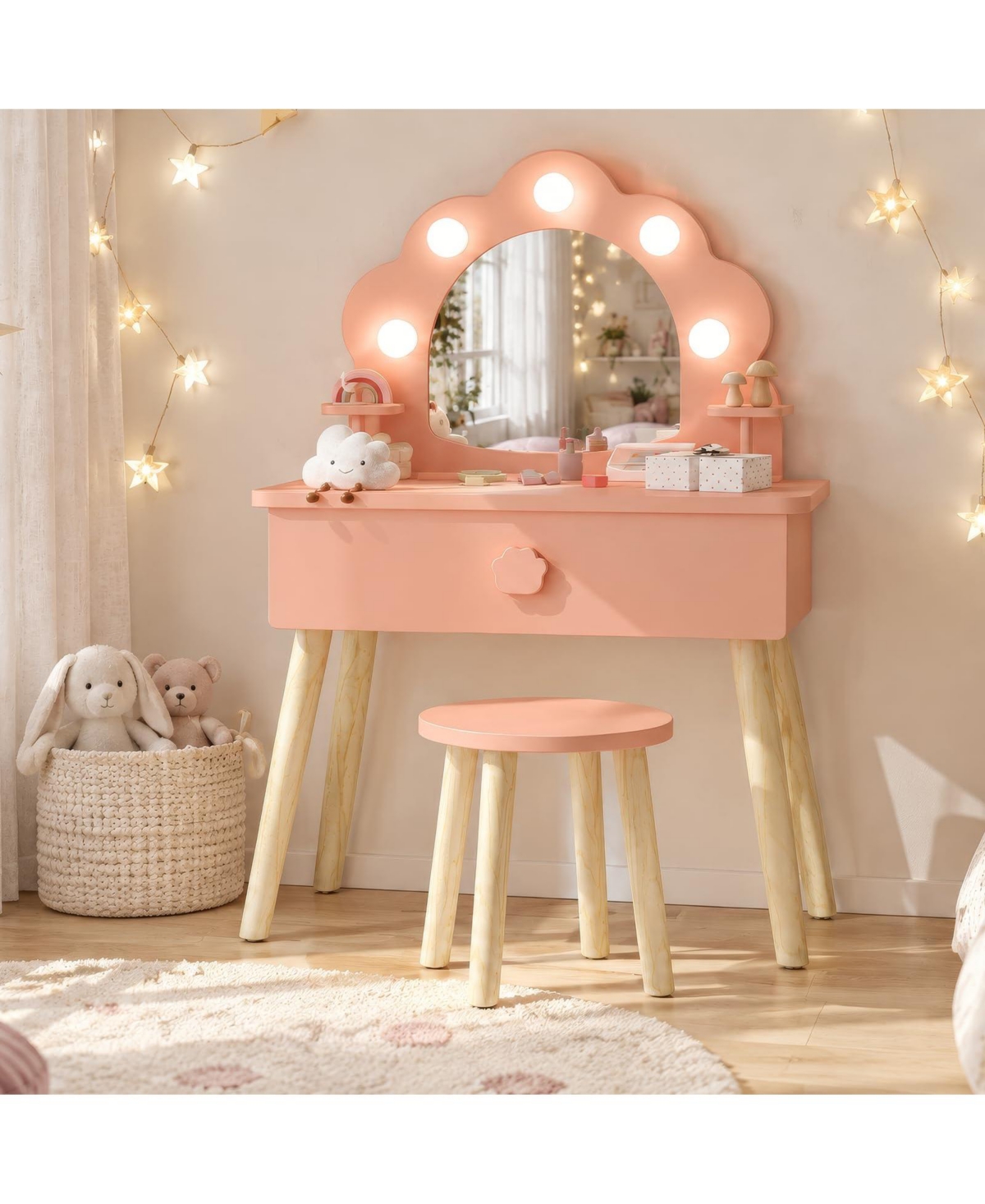 gaomon Kids Vanity with Lighted Mirror, Little Girls Vanity with Stool,Toddler Makeup Table with Wooden Playset, Drawer and Storage Grid