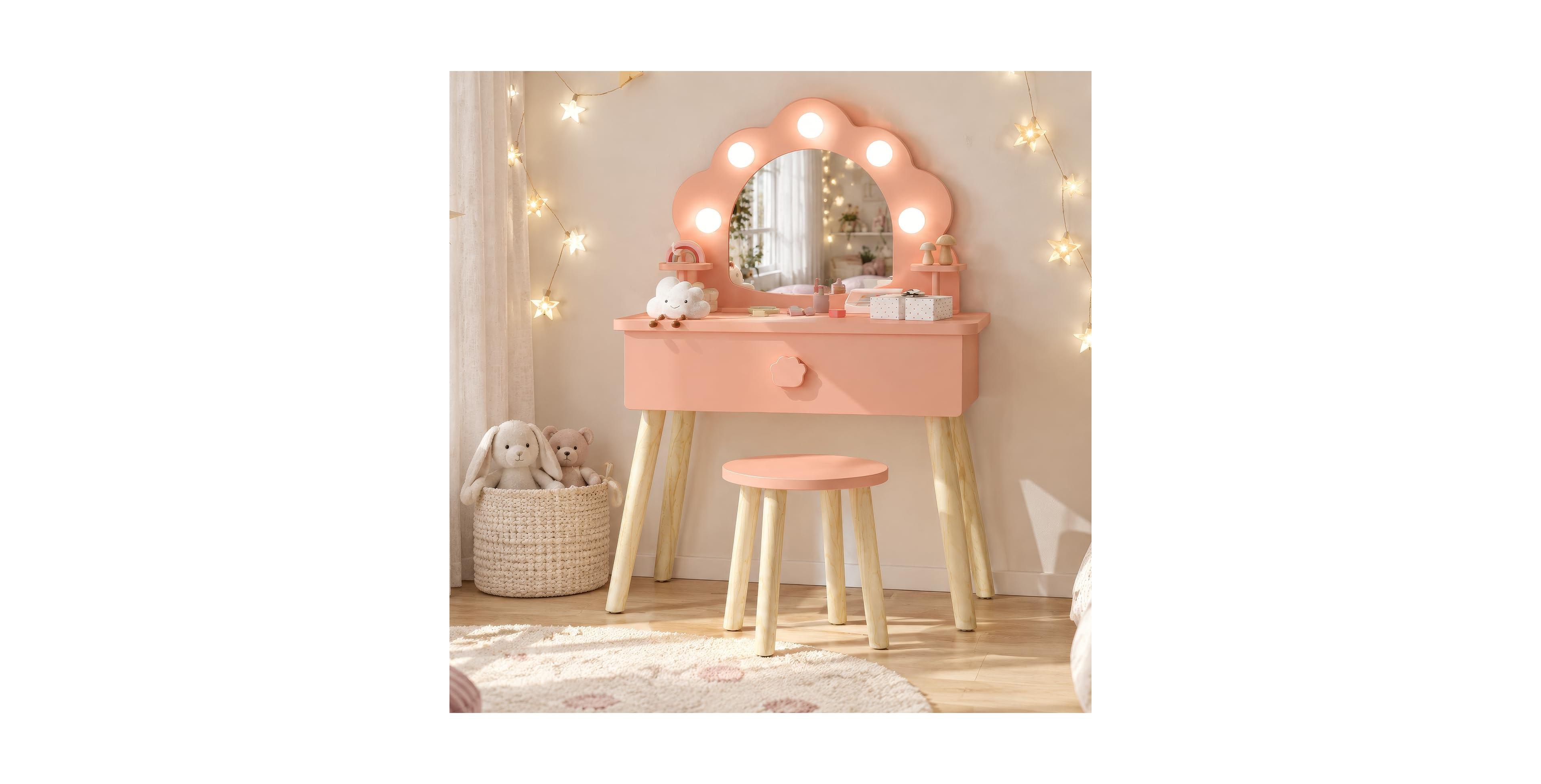 gaomon Kids Vanity with Lighted Mirror, Little Girls Vanity with Stool,Toddler Makeup Table with Wooden Playset, Drawer and Storage Grid