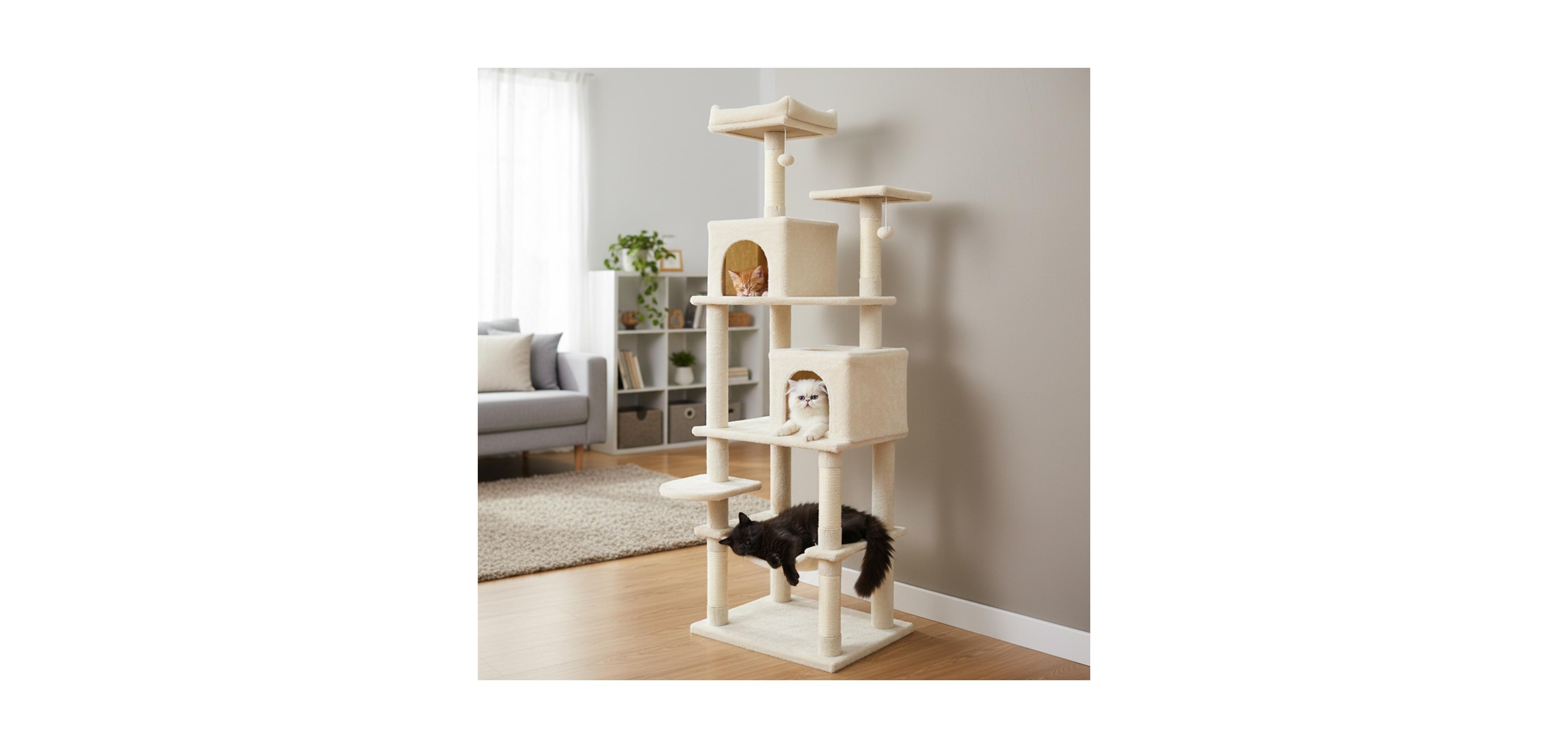 Zeny Modern Cat Tree with Upholstered Perch and 2 Condos