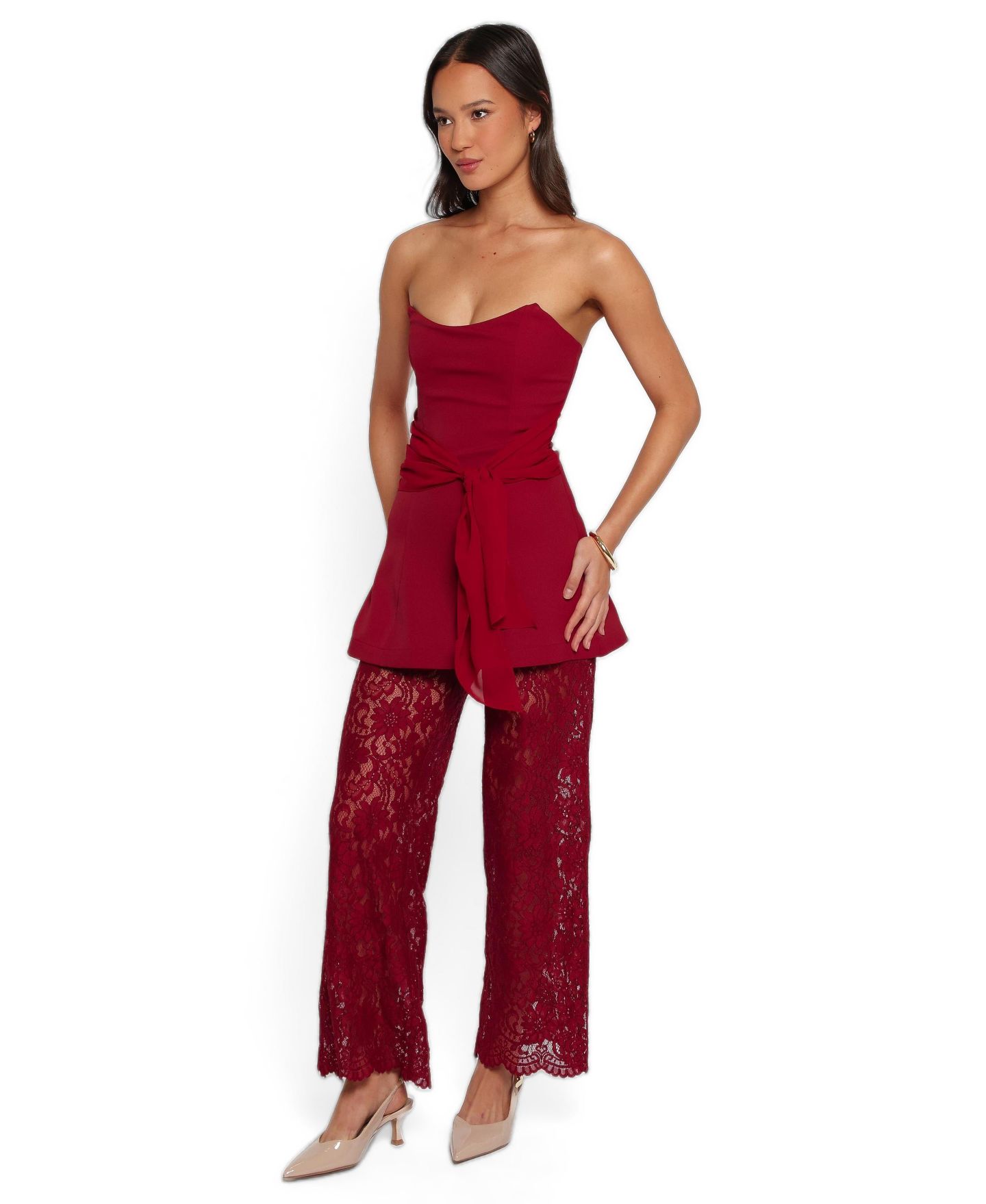 Женский комбинезон Petal and Pup Athena Strapless Lace Wide-Leg Jumpsuit, цвет: Сангрия красный — фото 4