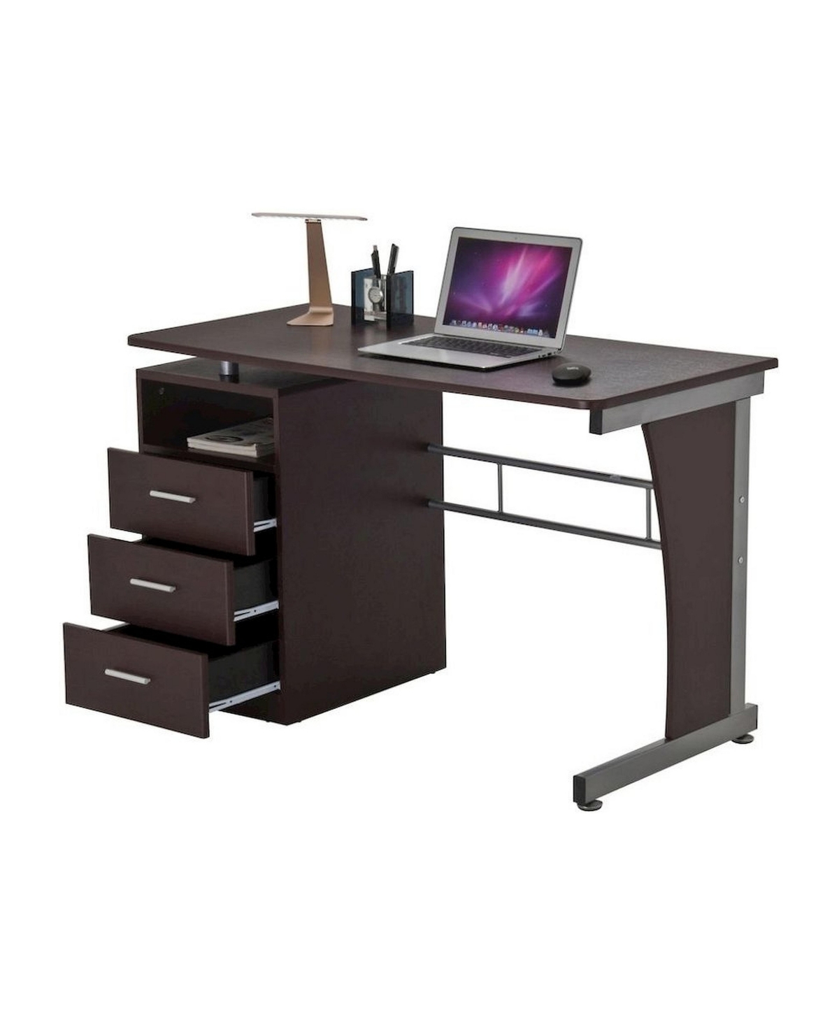FurniFact Wood with 3 Drawers, Storage and Steel Frame Office Desk - Brown