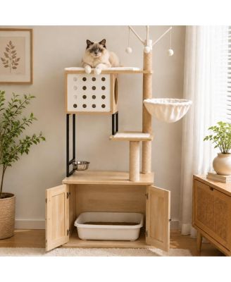 Multi Level Cat Tree Tower with Litter Box Enclosure, Plush Hammock, Perforated Cat House, Hanging Ball Toys and Feeding Bowl for Indoor Cat