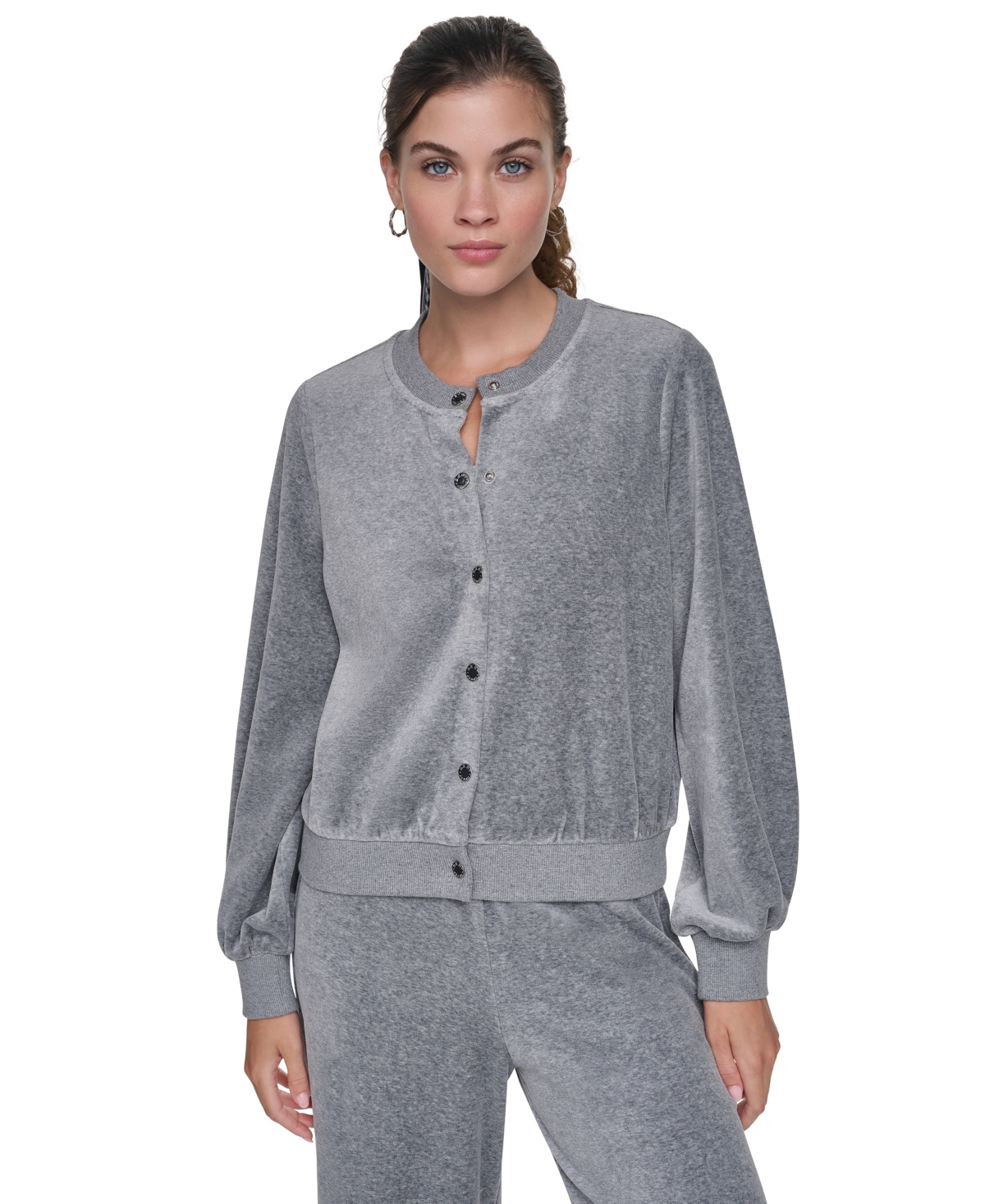 Dkny Jeans Women's Velvet Snap-Front Crewneck Cardigan Sweater - Trim Gray Heather