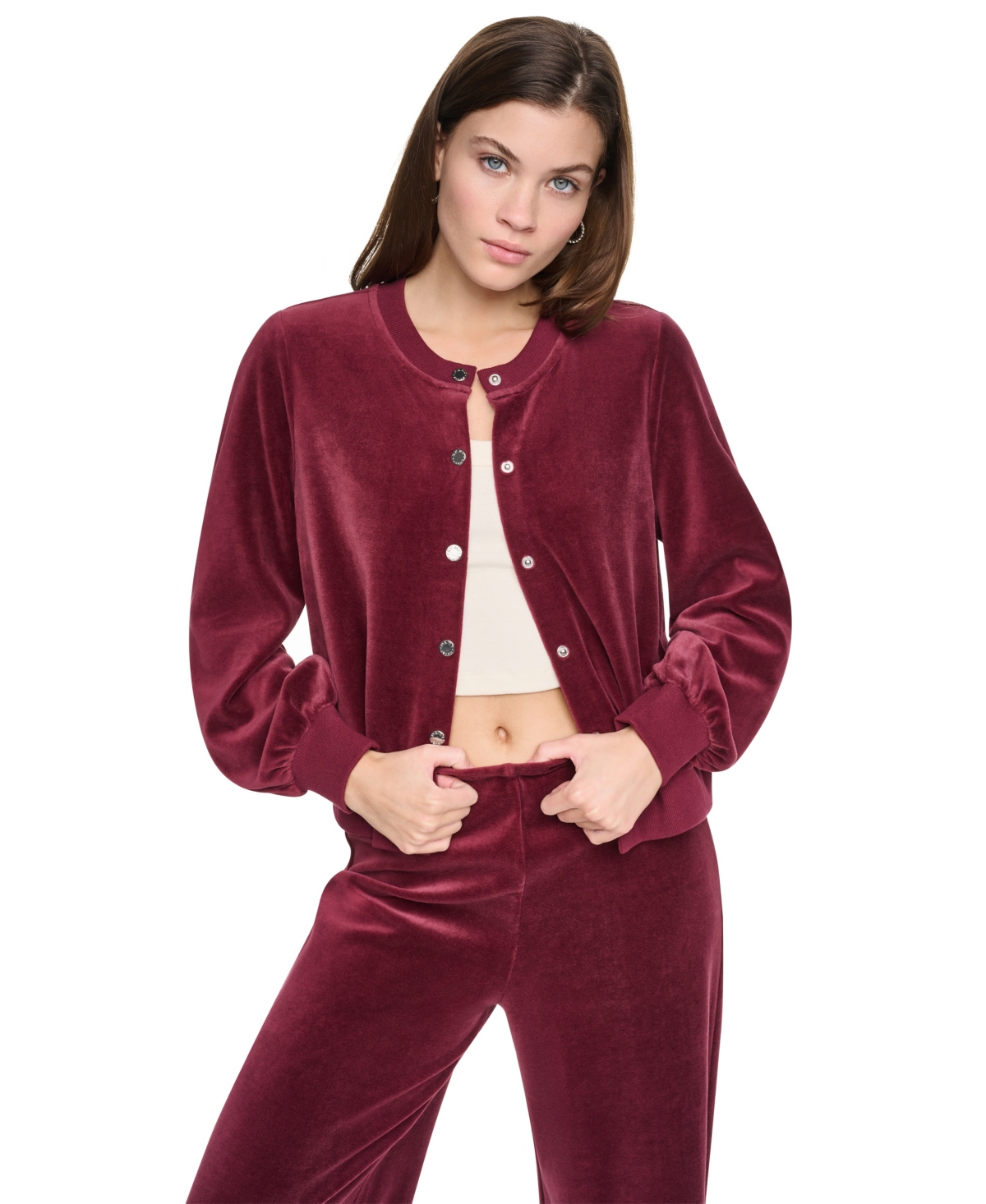 Dkny Jeans Women's Velvet Snap-Front Crewneck Cardigan Sweater - Claret