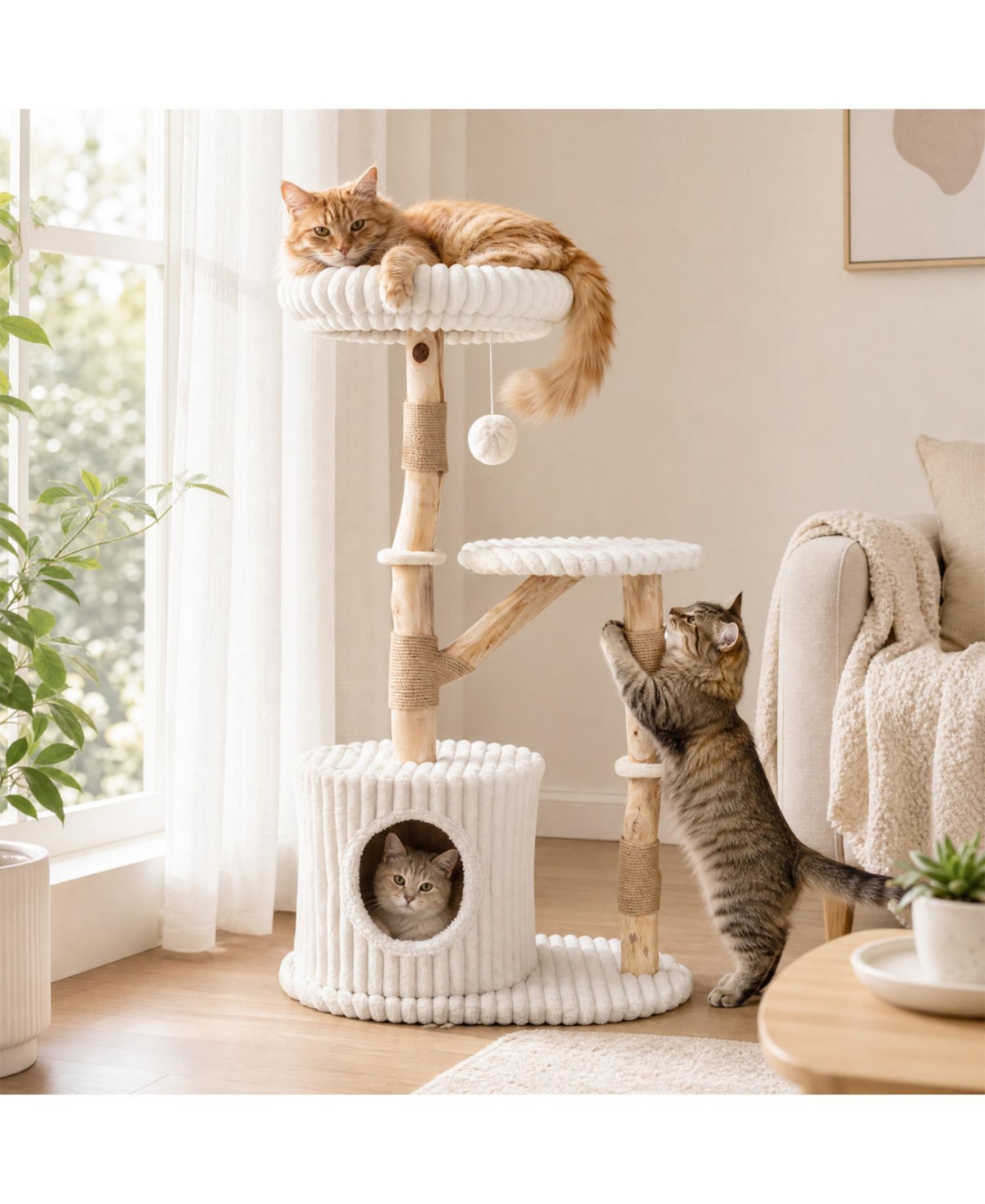 Zeny 41in Solid Wood Cat Tree with Real Branches and Cozy Bed