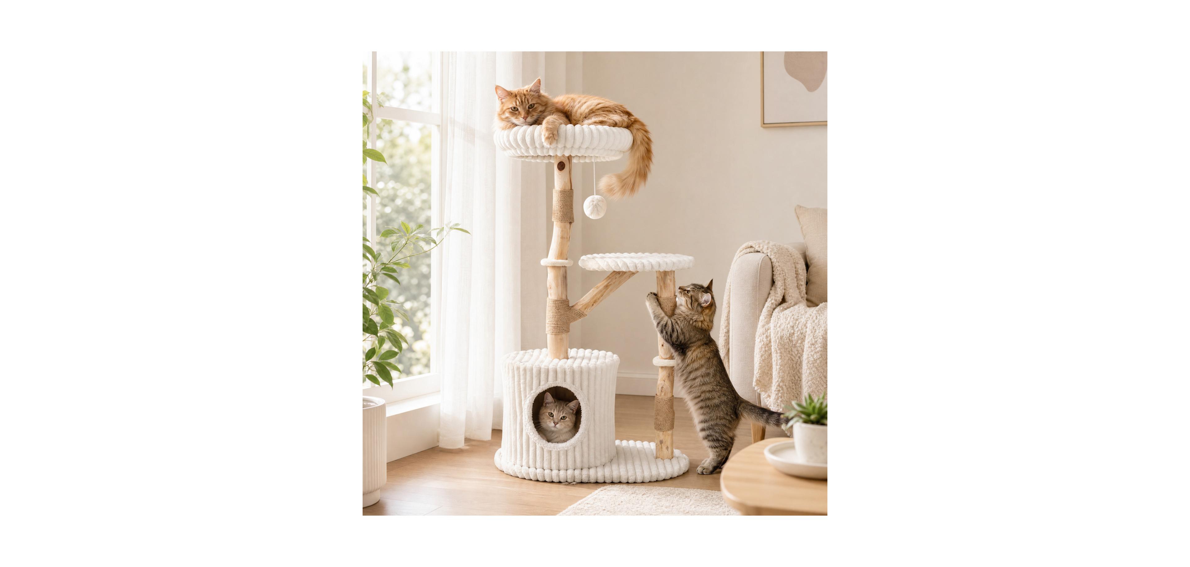 Zeny 41in Solid Wood Cat Tree with Real Branches and Cozy Bed