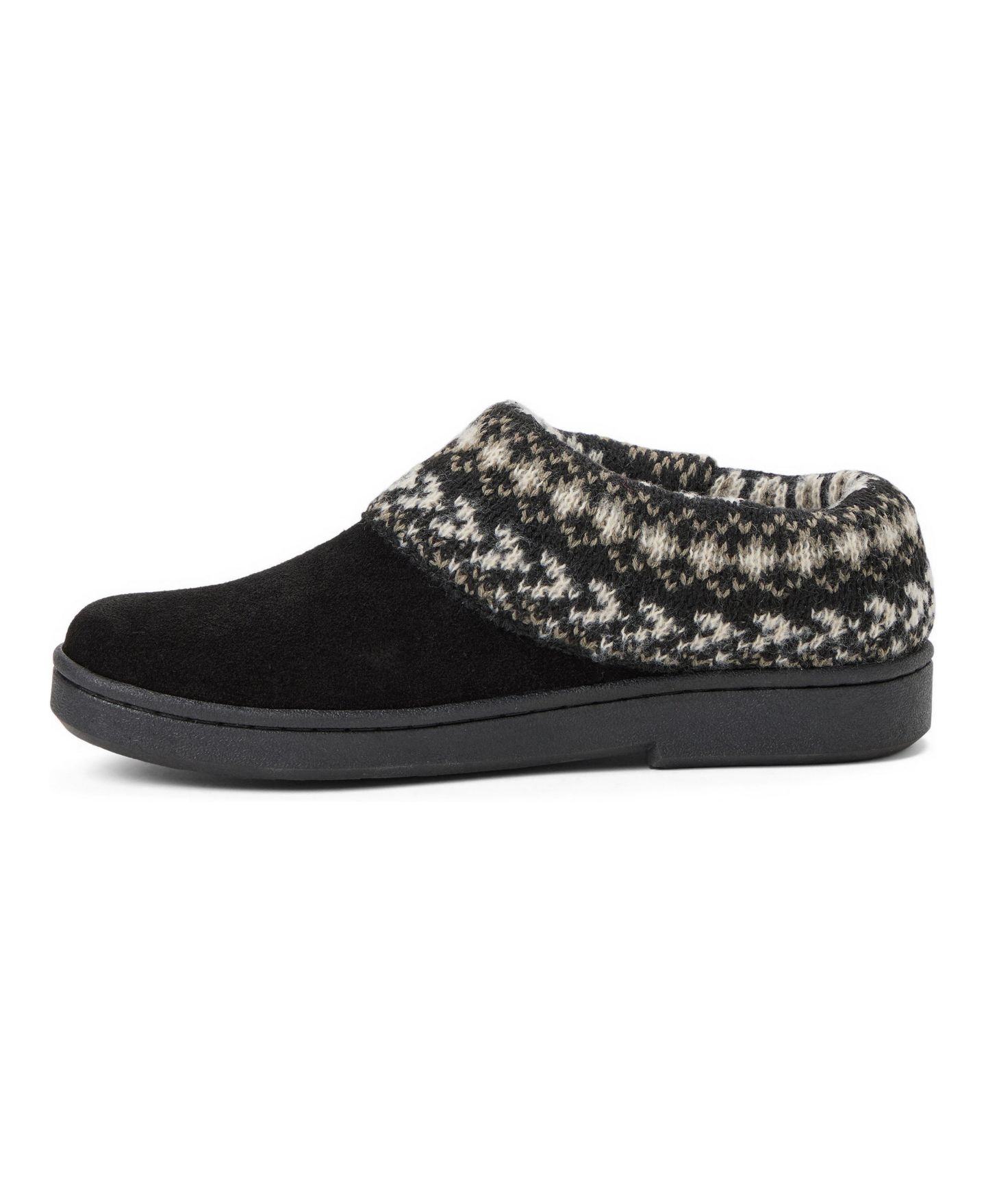 Женские сабо Clarks Suede Clog With Fair Isle Sweater Knit Cuff and Wood Button Slippers, цвет: Чёрный — фото 2