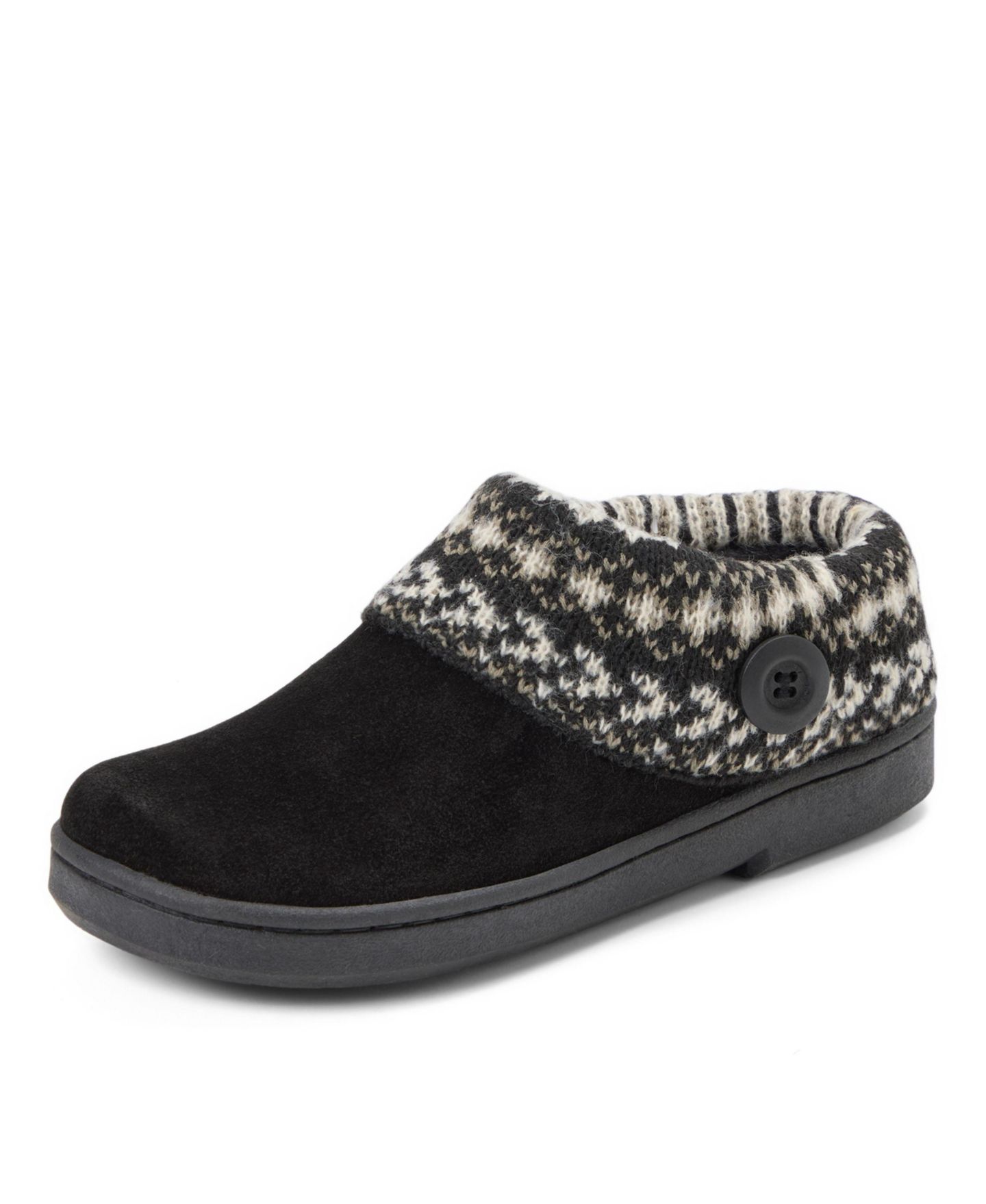Женские сабо Clarks Suede Clog With Fair Isle Sweater Knit Cuff and Wood Button Slippers, цвет: Чёрный — фото 8