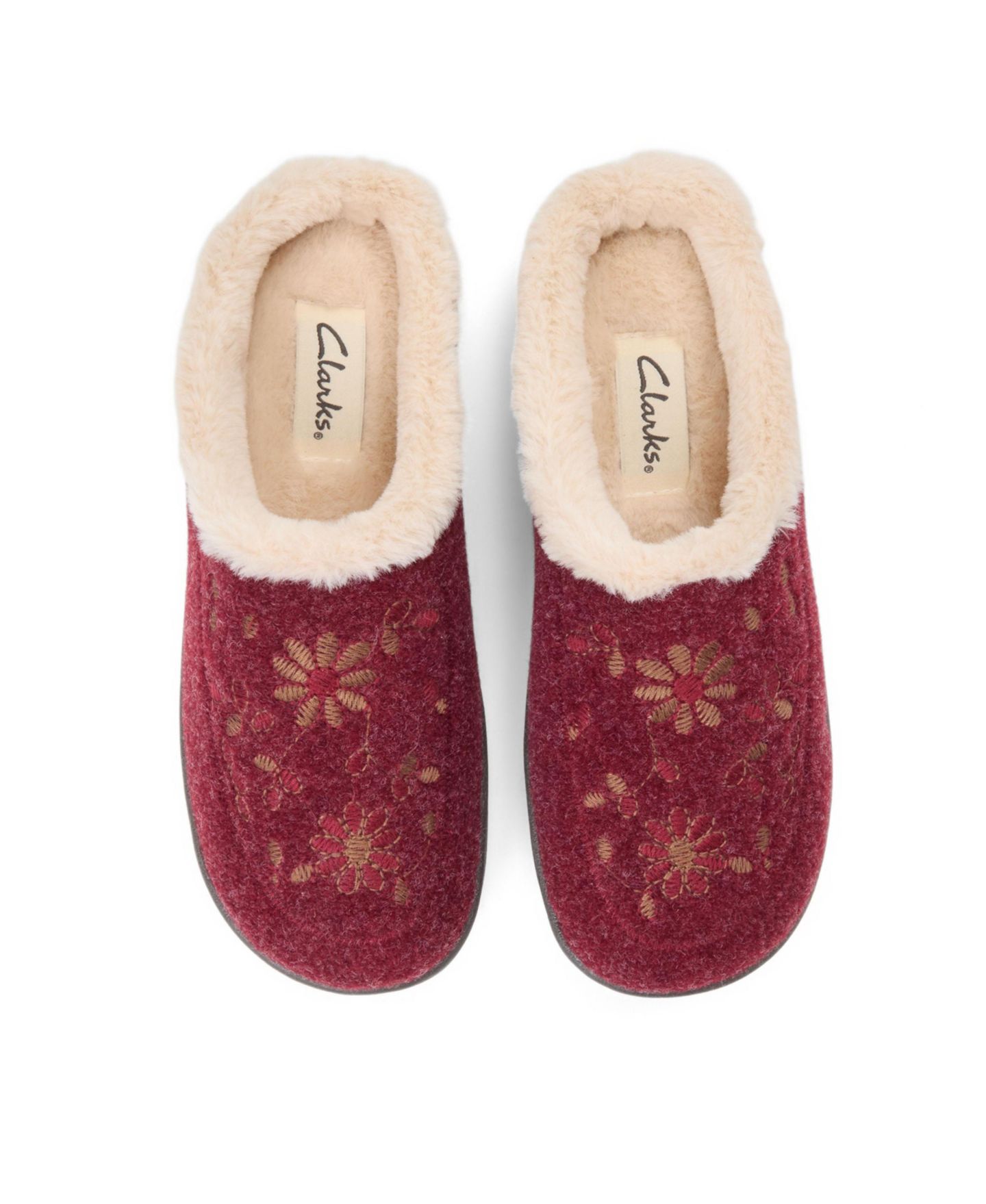 Женские сабо Clarks Felted Clog With Faux Fur Cuff and Embroidery Detail Slippers, цвет: Бордовый — фото 4