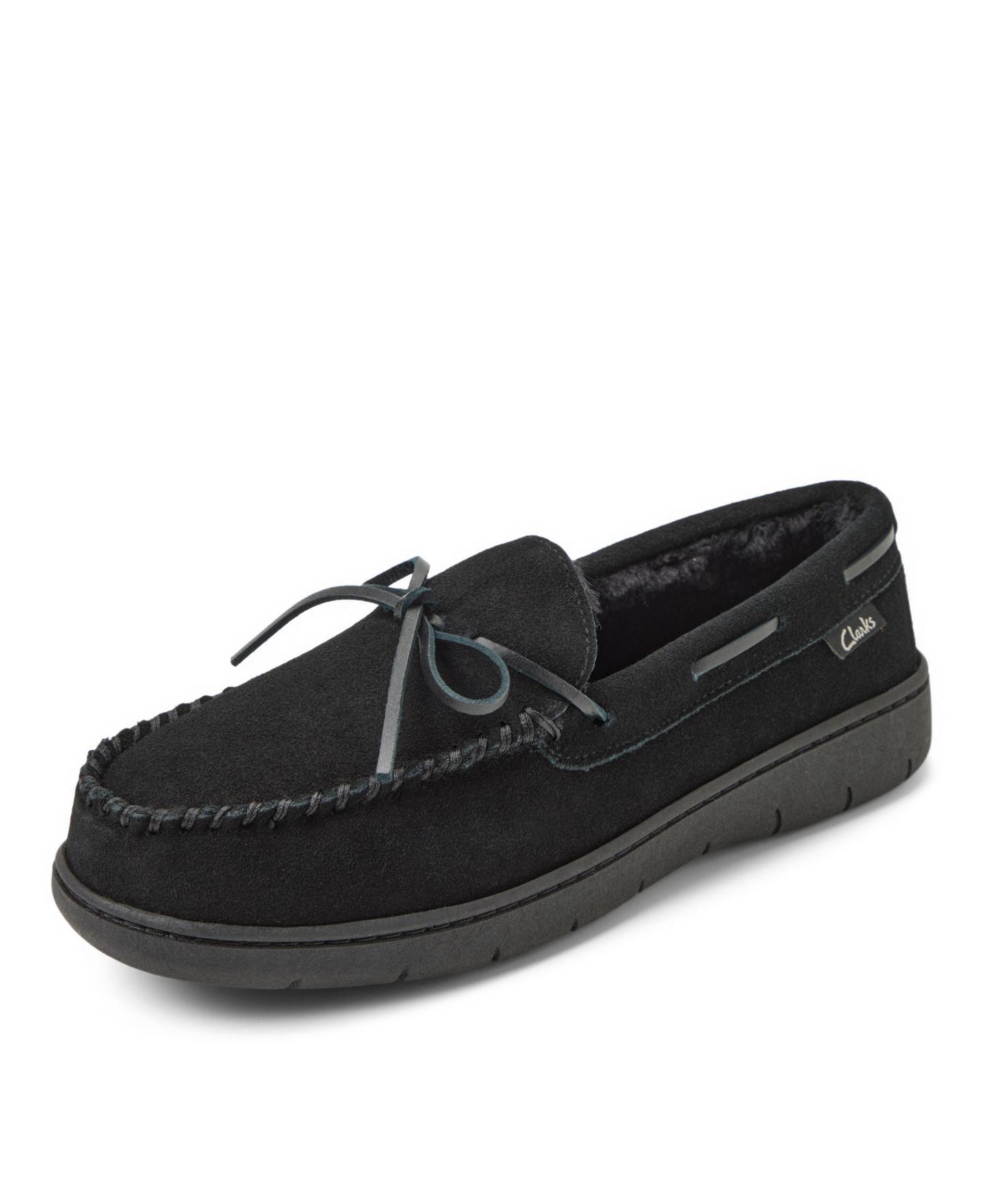 Мужские тапочки Clarks Genuine Cow Suede Moccasin With Leather Lacing And Tipped Faux Fur Slippers, цвет: Чёрный — фото 8