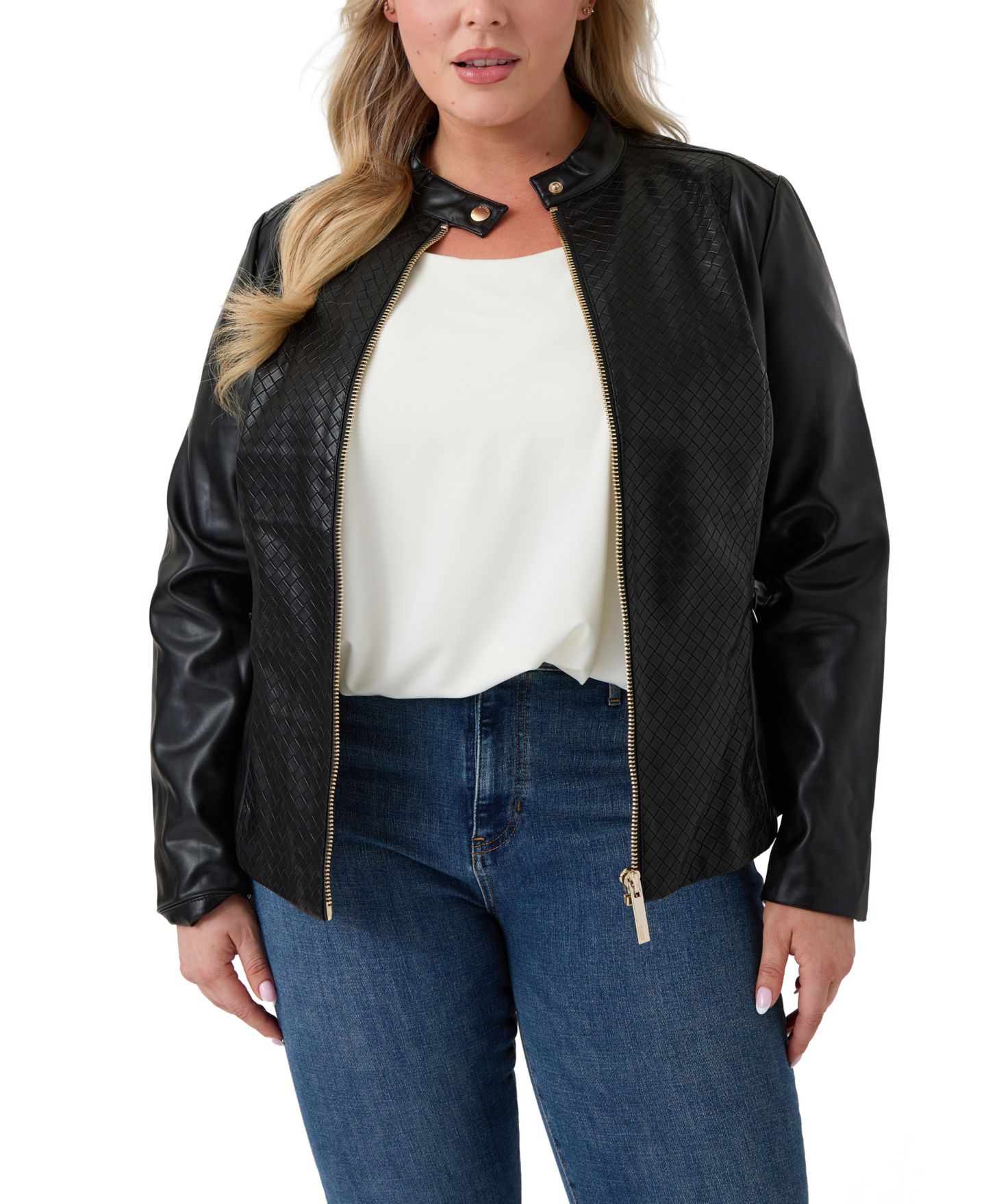 Женская куртка GUESS Plus Size Faux Leather Basketweave Moto, цвет: Чёрный — фото 2