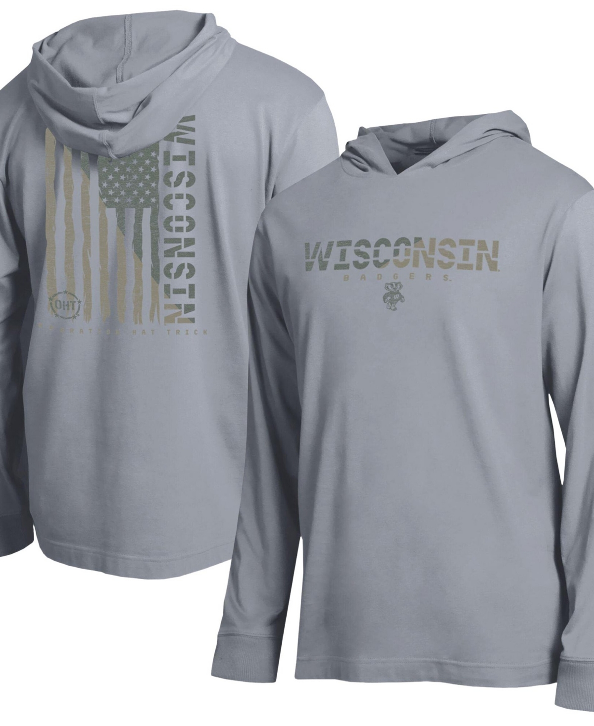 Champion Men's Heather Gray Wisconsin Badgers Operation Hat Trick Flag Hooded Long-Sleeves T-Shirt