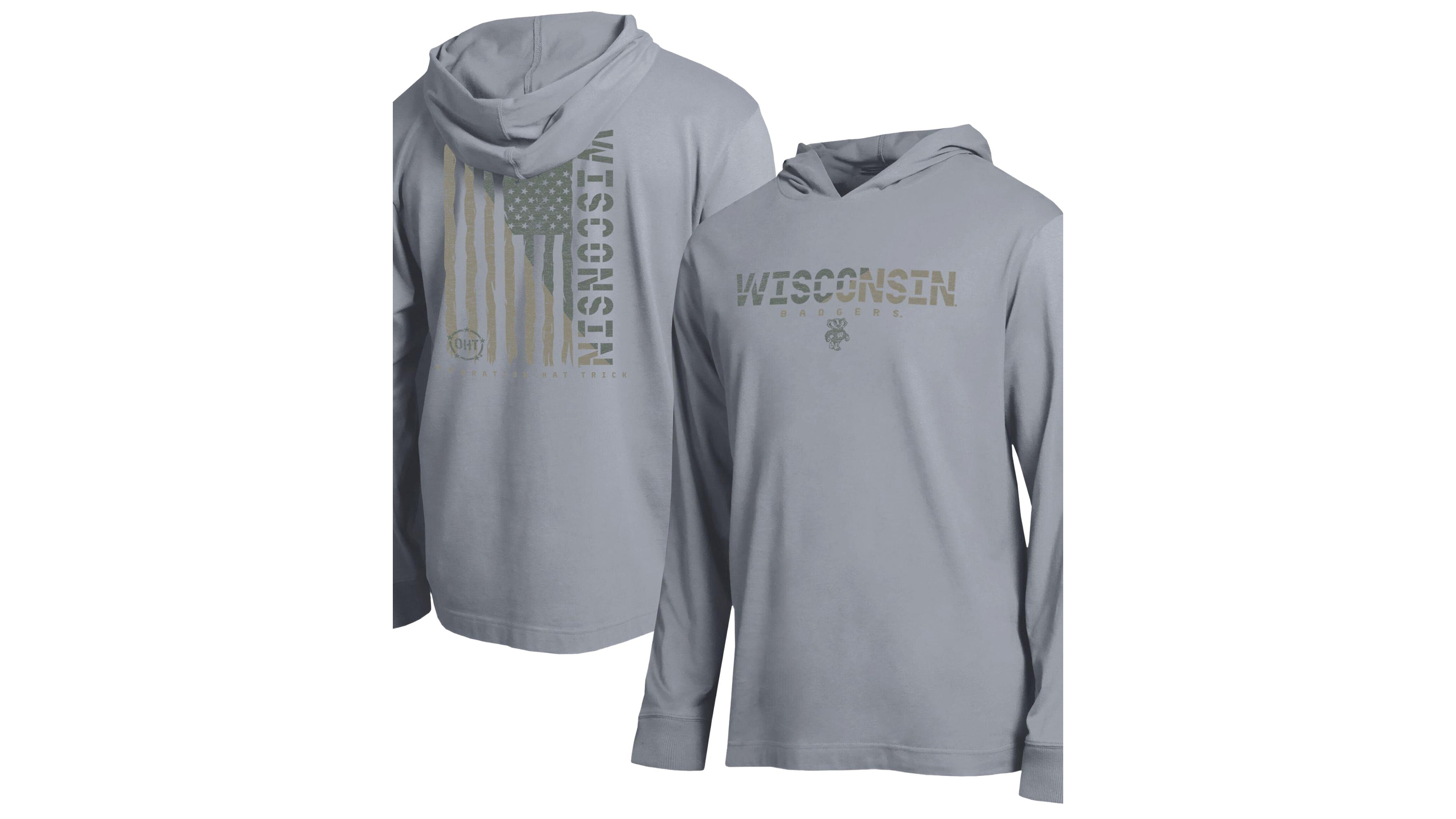 Champion Men's Heather Gray Wisconsin Badgers Operation Hat Trick Flag Hooded Long-Sleeves T-Shirt