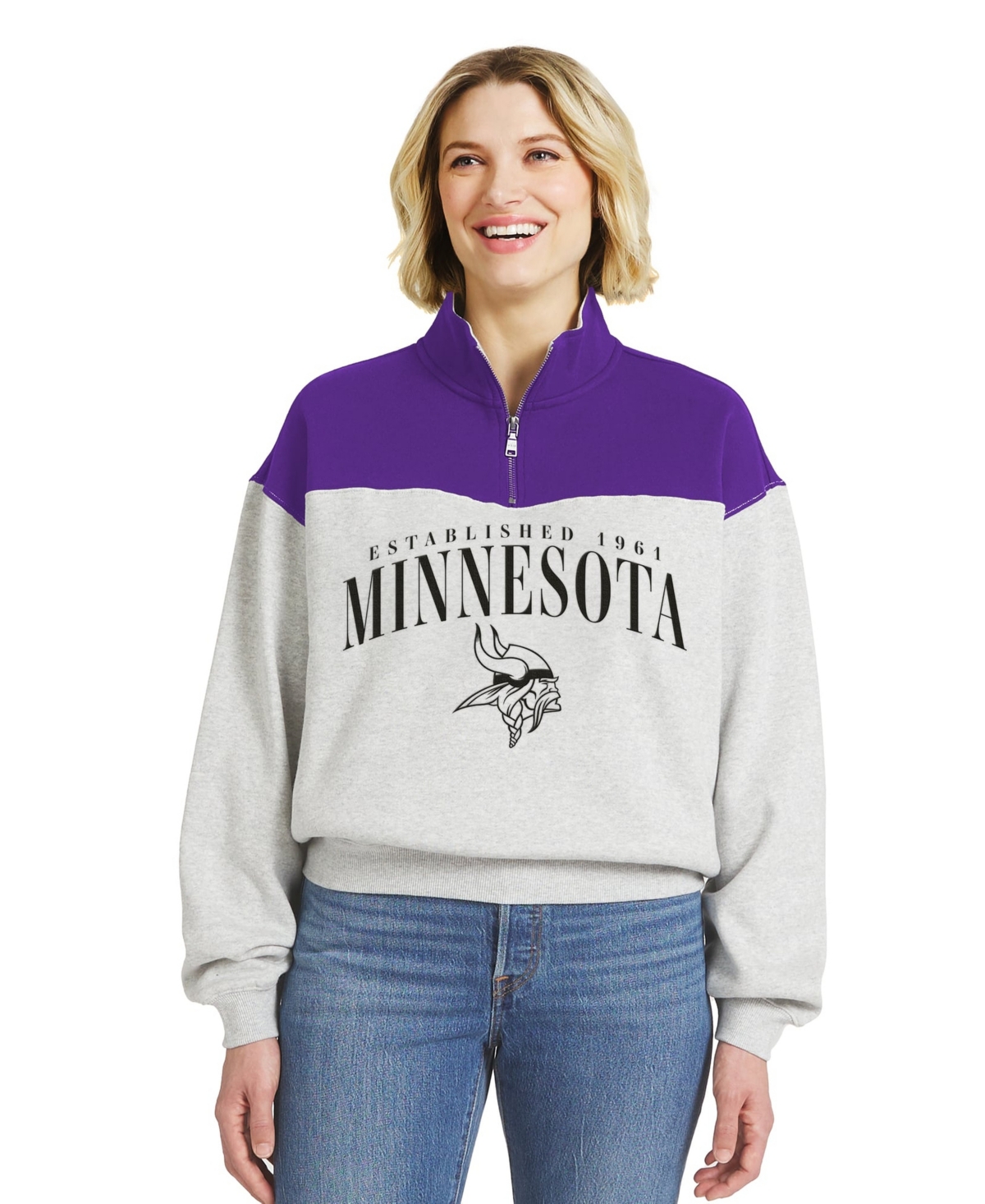 Wear by Erin Andrews Women's Heather Gray Minnesota Vikings Color block Half-Zip Pullover - Heather Gray
