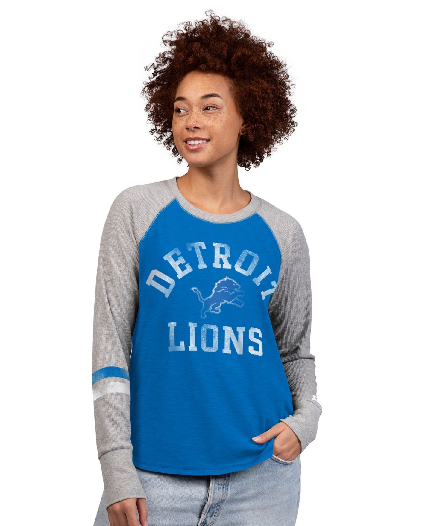 Женская футболка Starter Blue/Gray Detroit Lions Waffle-Knit Raglan Long-Sleeves — фото 1
