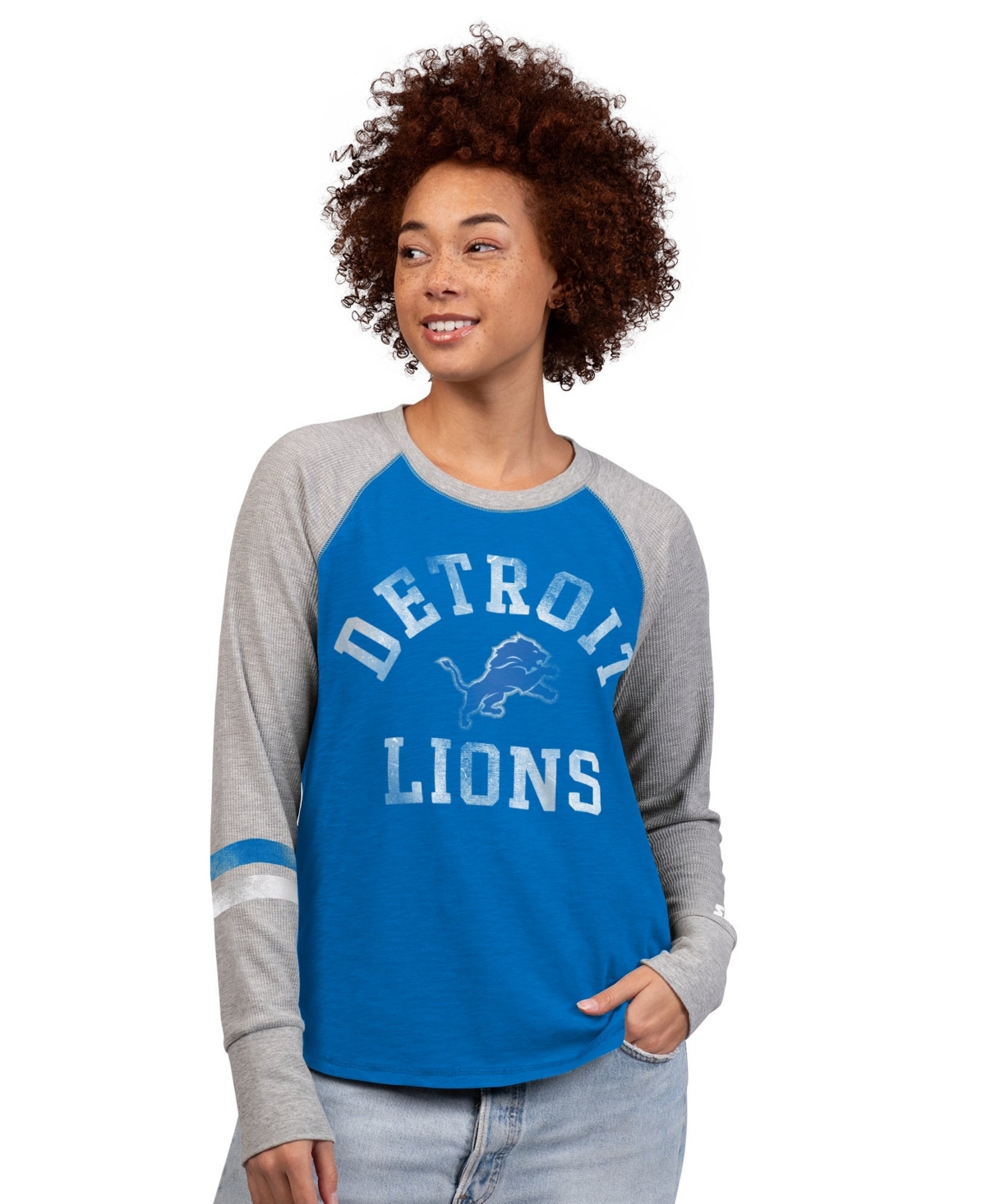 Starter Women's Blue/Gray Detroit Lions Waffle-Knit Raglan Long-Sleeves T-Shirt