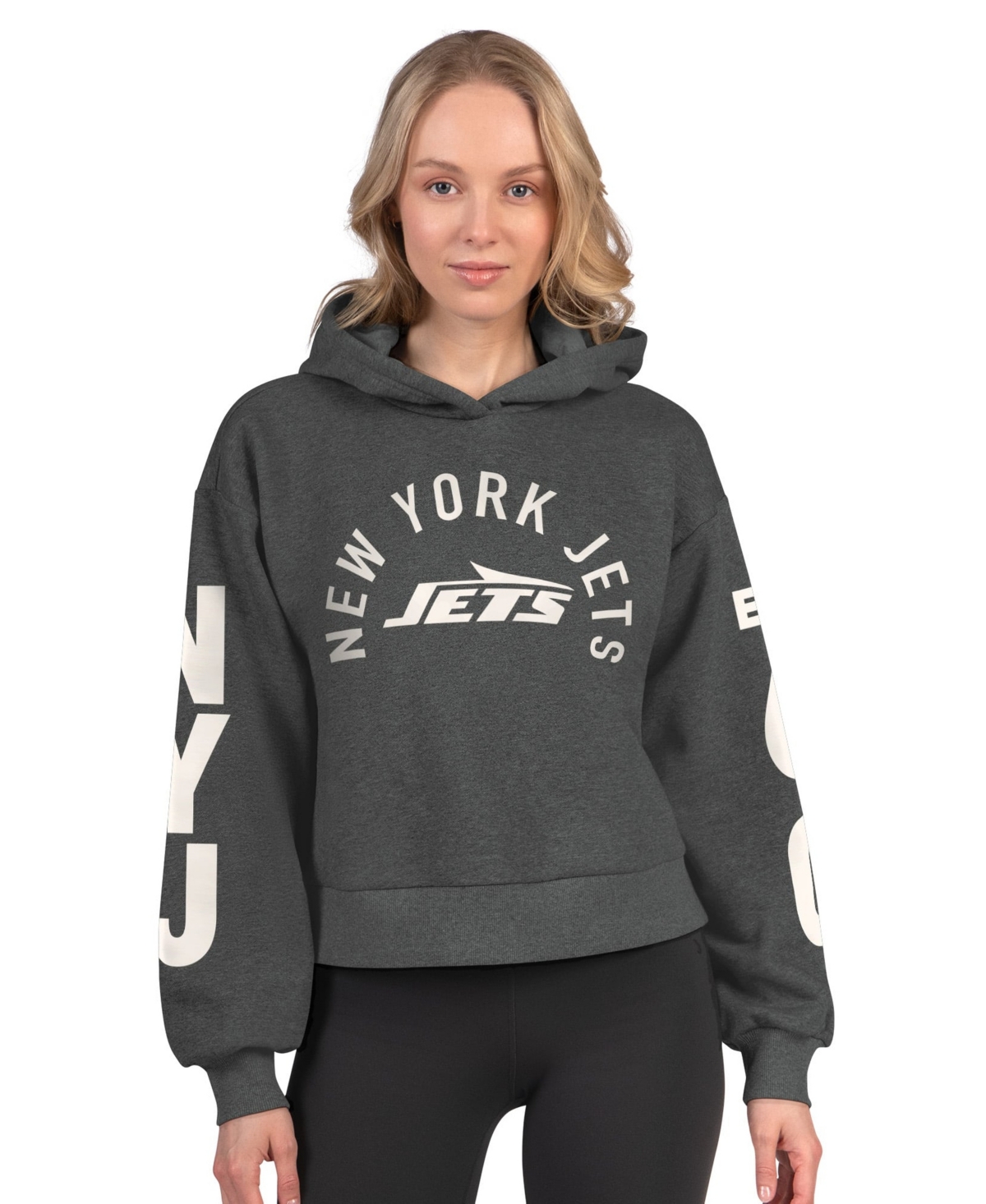 Starter Women's Heather Charcoal New York Jets Star Player Cropped Fleece Pullover Hoodie - Heather Charcoal