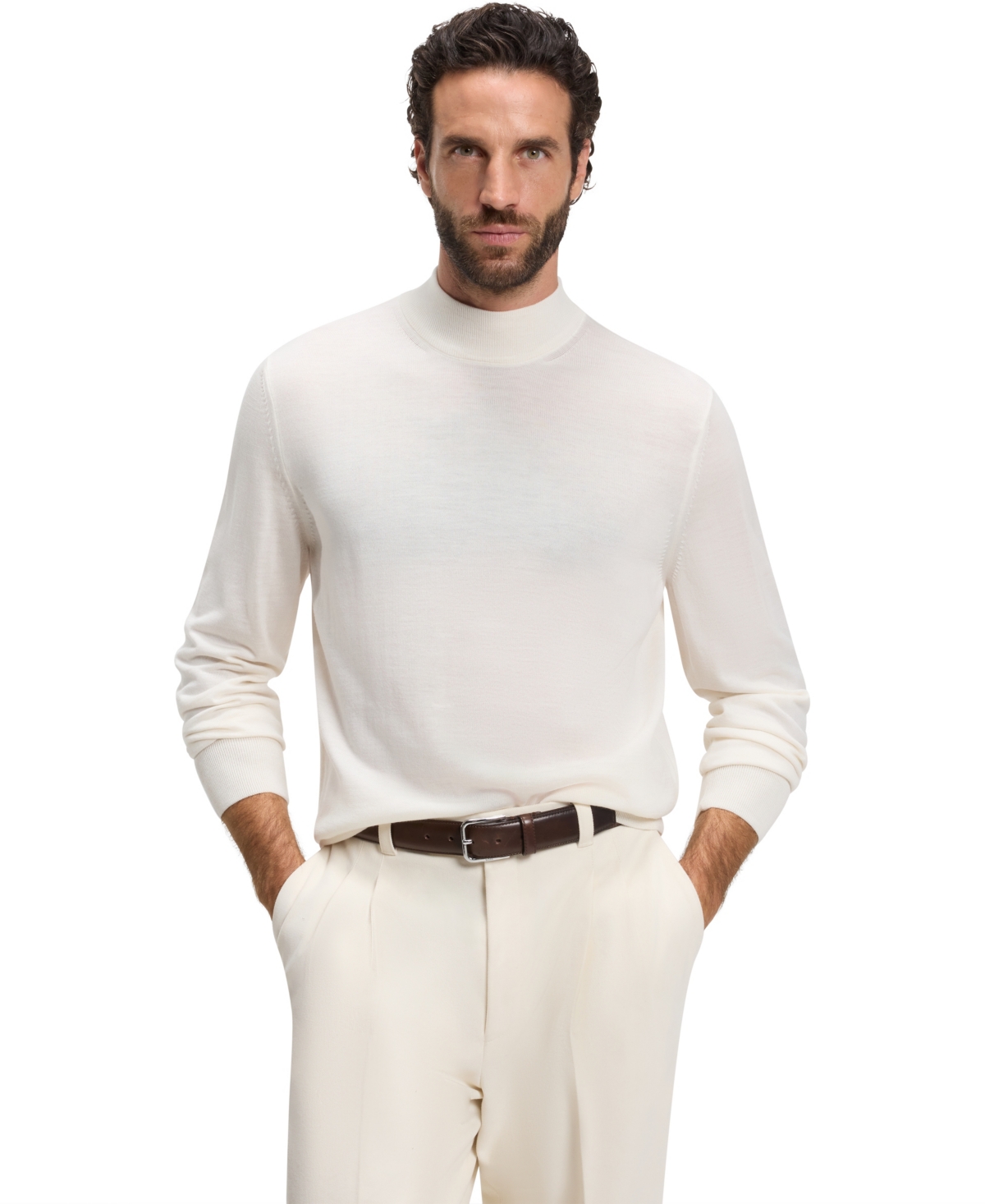 Boss by Hugo Boss Men's Extra-Fine Merino Wool Mock-Neck Regular-Fit Sweater - Open White