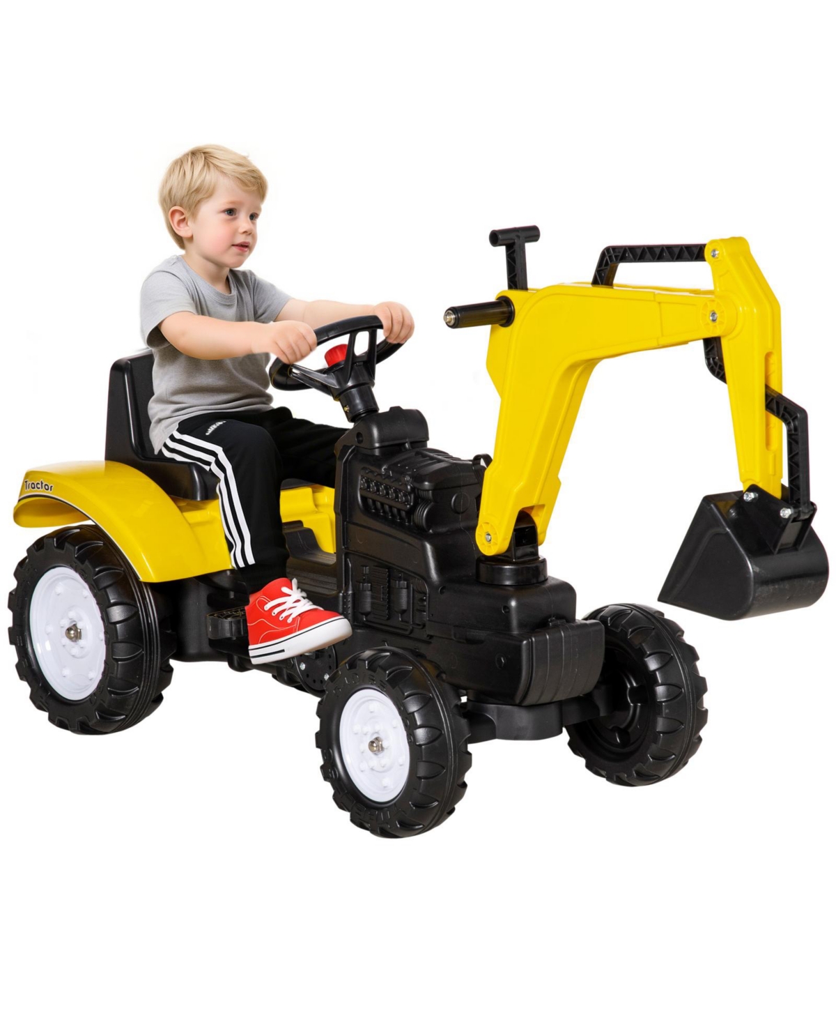 Glintex Pedal Ride-On Excavator with Working Bucket, 77-lb Capacity, Ages 3+