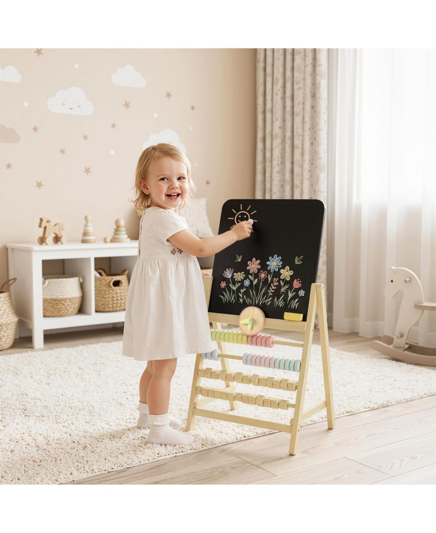 Детская игрушка Glintex Art Easel with Double-Sided Chalkboard, Clock and Abacus, Ages 2+, цвет: Натуральный — фото 2